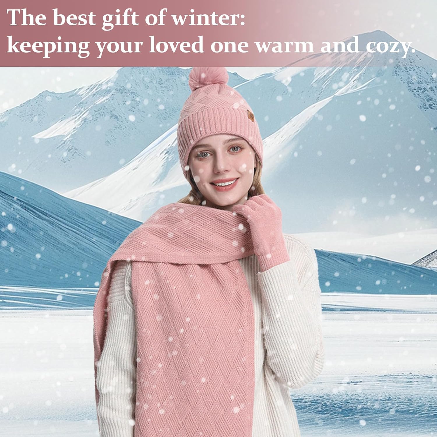 Womens Winter Hat Gloves Scarf Set, Warm Knit Pom Pom Beanie with Fleece Lined Long Neck Scarf Touchscreen Gloves Gift - Image 2