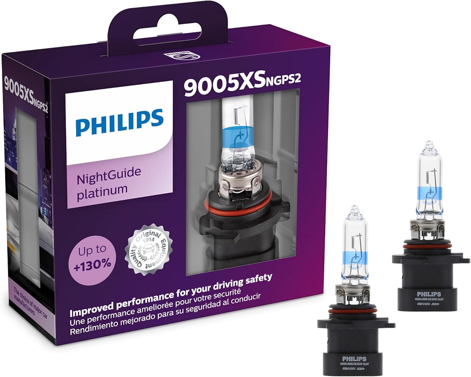 Philips Automotive Lighting 9005XS NightGuide Platinum Premium Upgrade Automotive Replacement Headlight Bulb, Fits Select High Beam, Low Beam, and Fog Positions (Pack of 2)