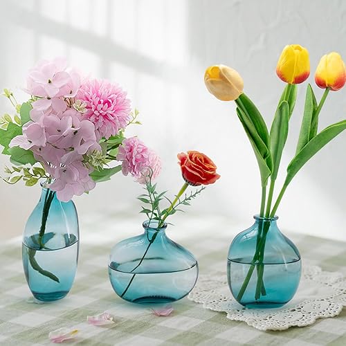 Miniatura 10 de Juego de 3 jarrones de vidrio ámbar, pequeños jarrones de vidrio para flores, jarrones vintage para centros de mesa, jarrón de flores a granel para