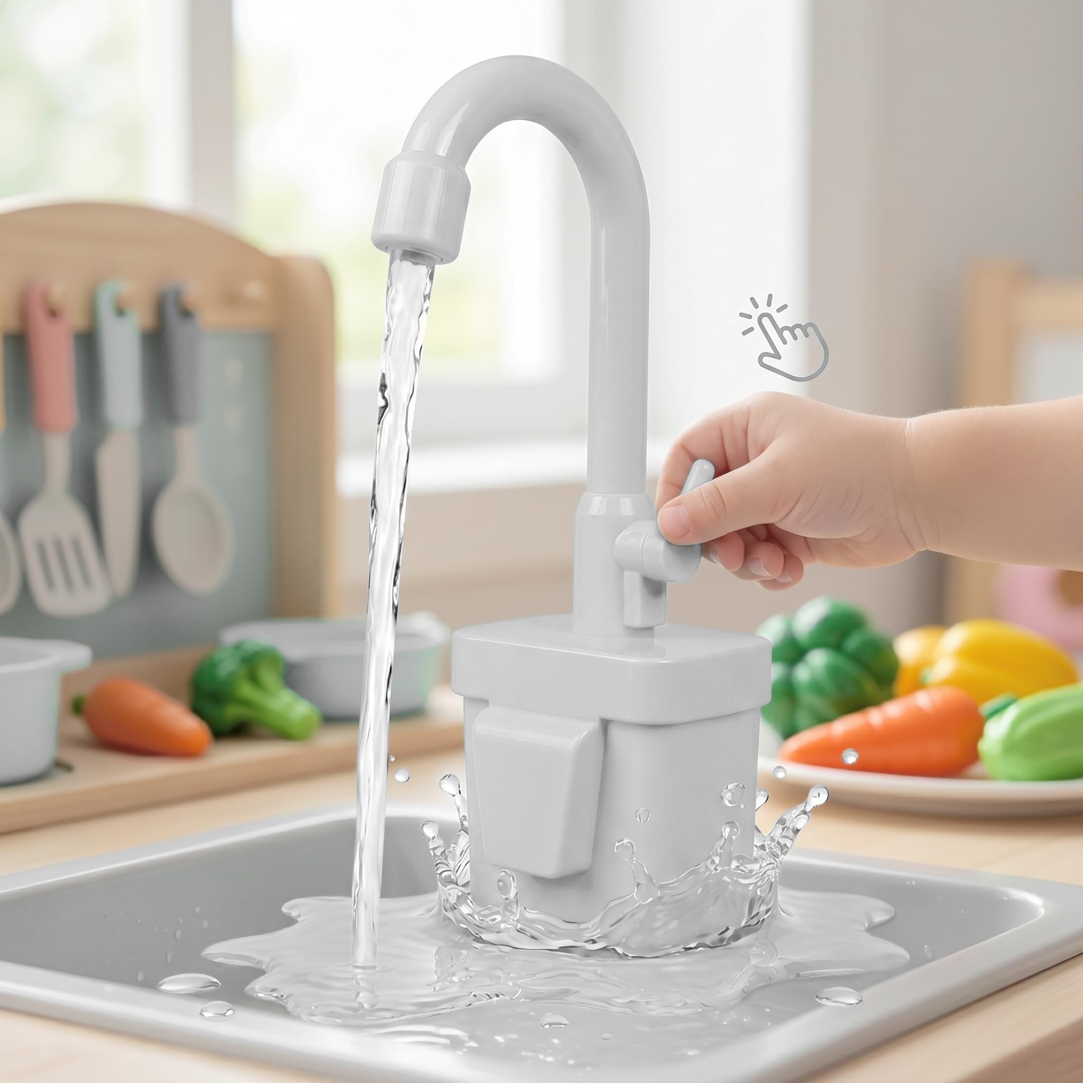 Lavello Giocattolo con Acqua Corrente, Rubinetto Elettrico Giocattolo con Acqua Corrente Circolante Lavandino da Cucina per Ragazzi e Ragazze, Bianco