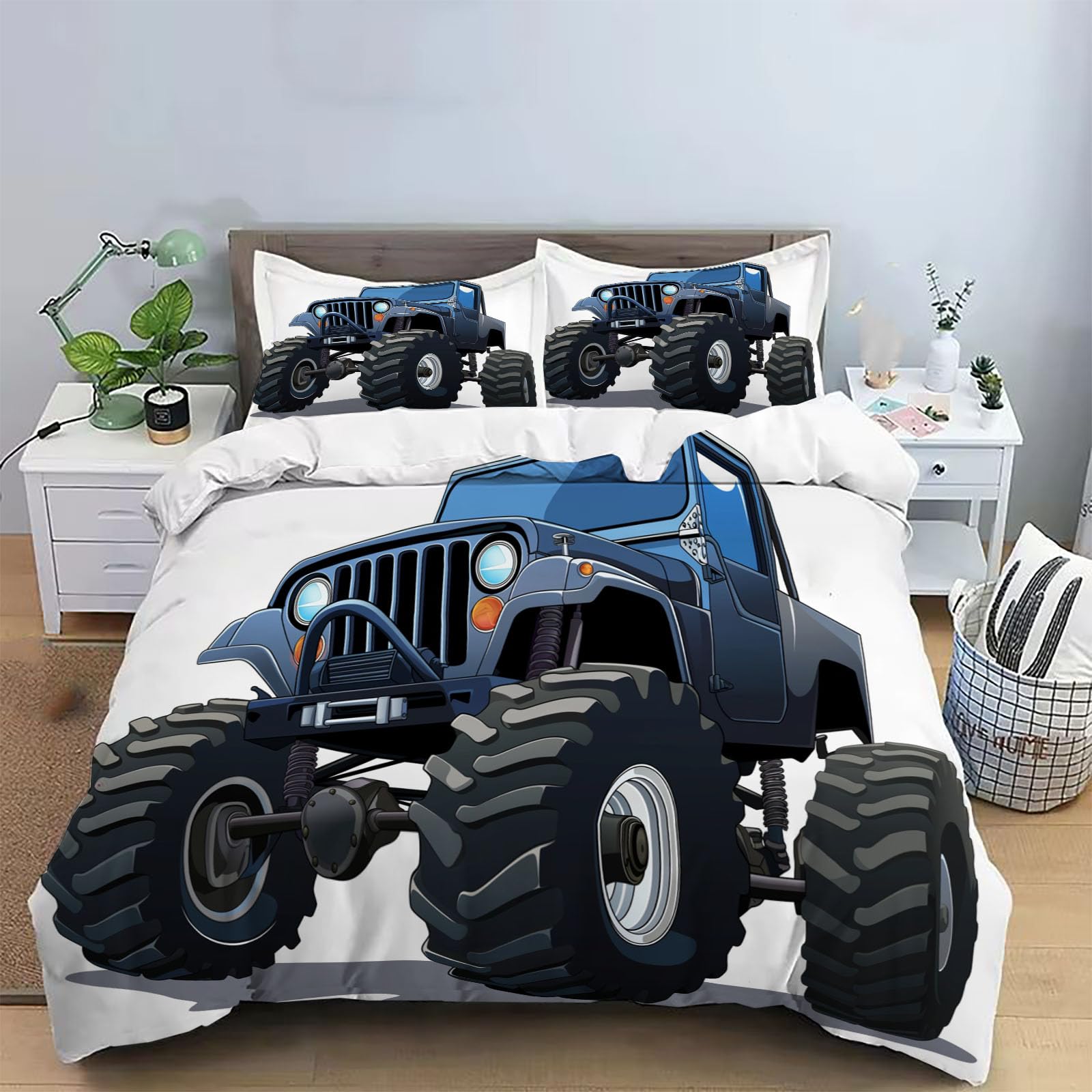 Housse de couette 140x200cm gros camion bleu en microfibre avec 2 taies d'oreiller