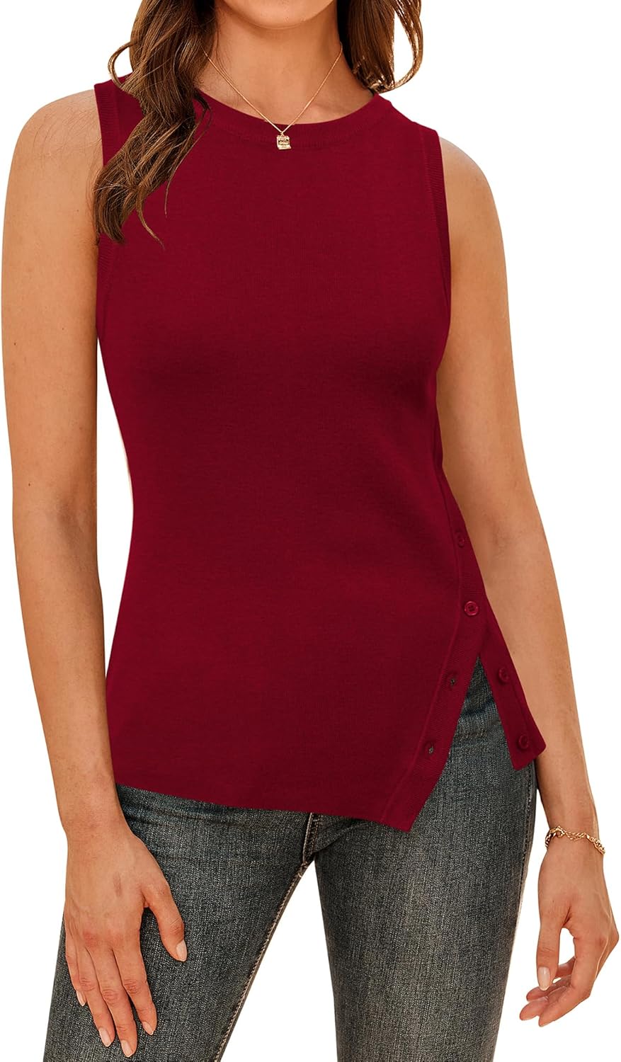 Arach&Cloz Women's Wool Blend Side-Button Slit Summer Casual Trendy Sweater Tanks 2026