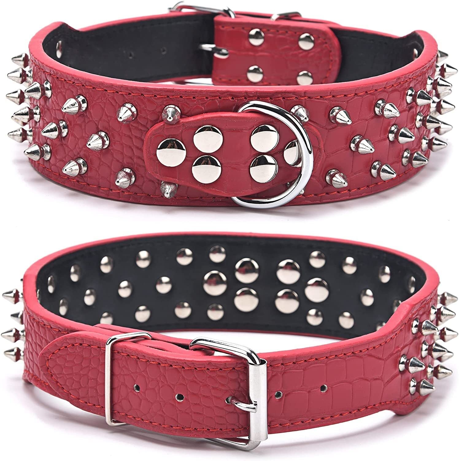 Collier cuir pour chien réglable noir ou rouge avec protection rivets