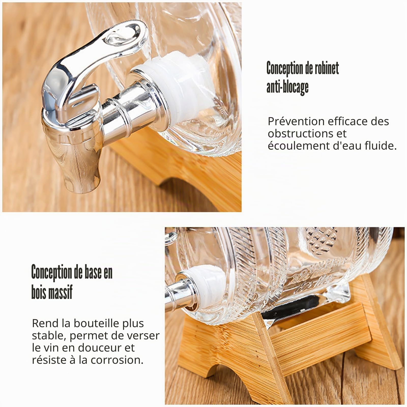 Carafe à whisky, distributeur de boisson en forme de tonneau, décanteur avec robinet, idéal pour vin, whisky, bière, rhum, cadeau pour ami, mari, père (3 L, fût en verre)