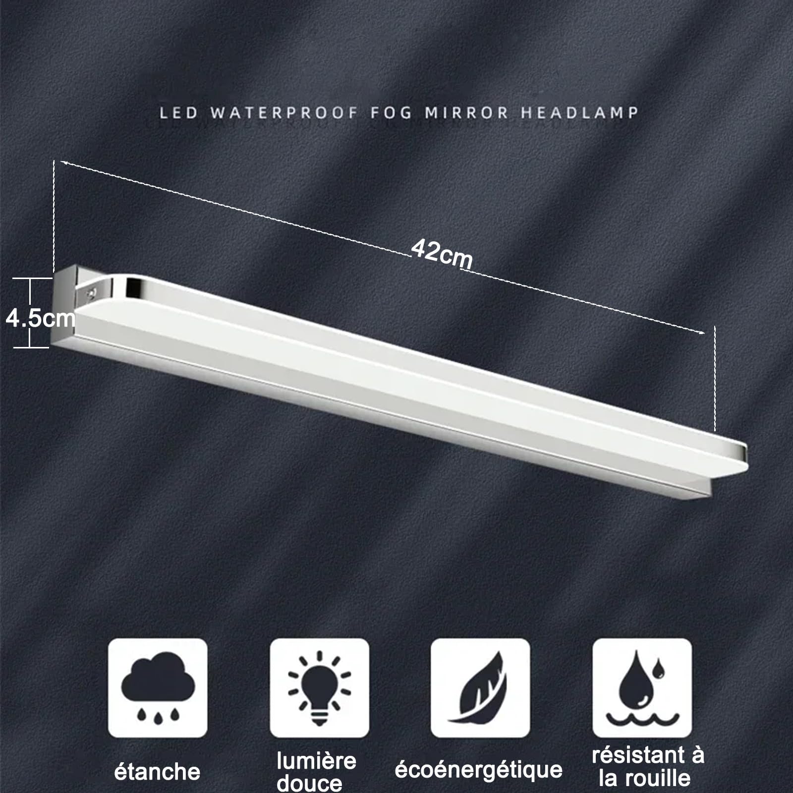 Lampe de miroir de salle de bain, murale, en acier inoxydable, 42 cm, 9 W, 230 V, blanc naturel, 4000 K, étanche IP44, blanc neutre