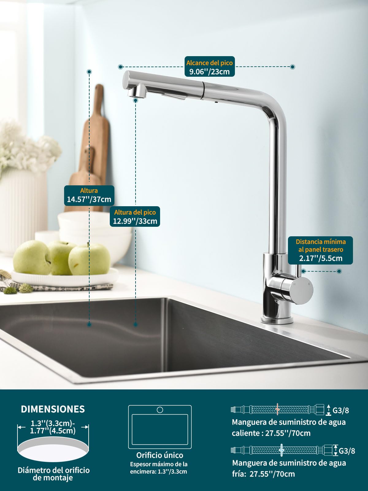 Hiqufet Grifo de Cocina con Arco Alto y Brazo Extraíble, 2 Modos de Pulverización Giratorio 360°, Cromo Pulido
