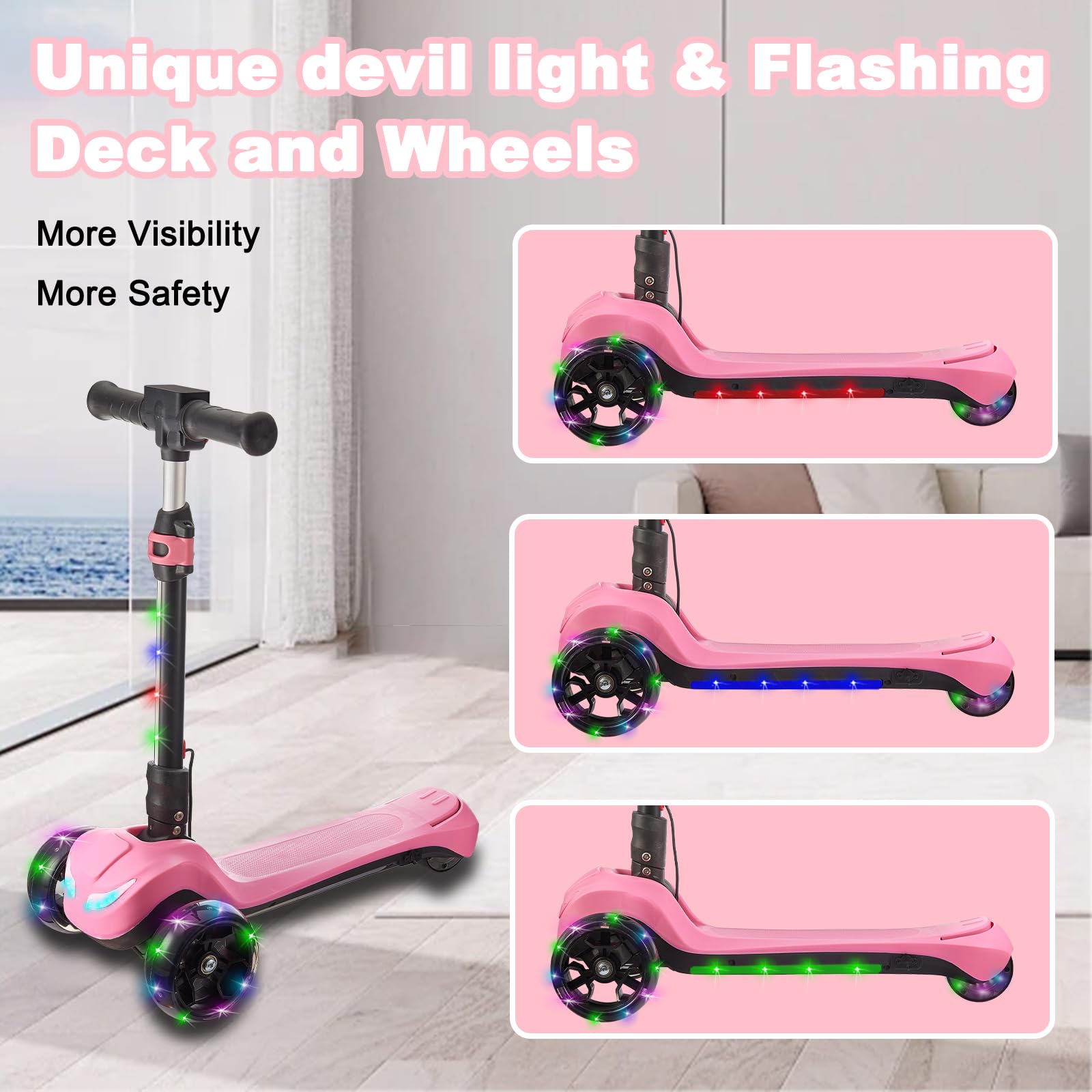 3 Wheel Electric Scooter for Kids Ages 3-8, LCD Display, Colorful Lights, Reliable Thumb Throttle, 3 Adjustable Height, 5Mph Safe Speed and Long Range, Foldable Kids Electric Scooter (Pink)