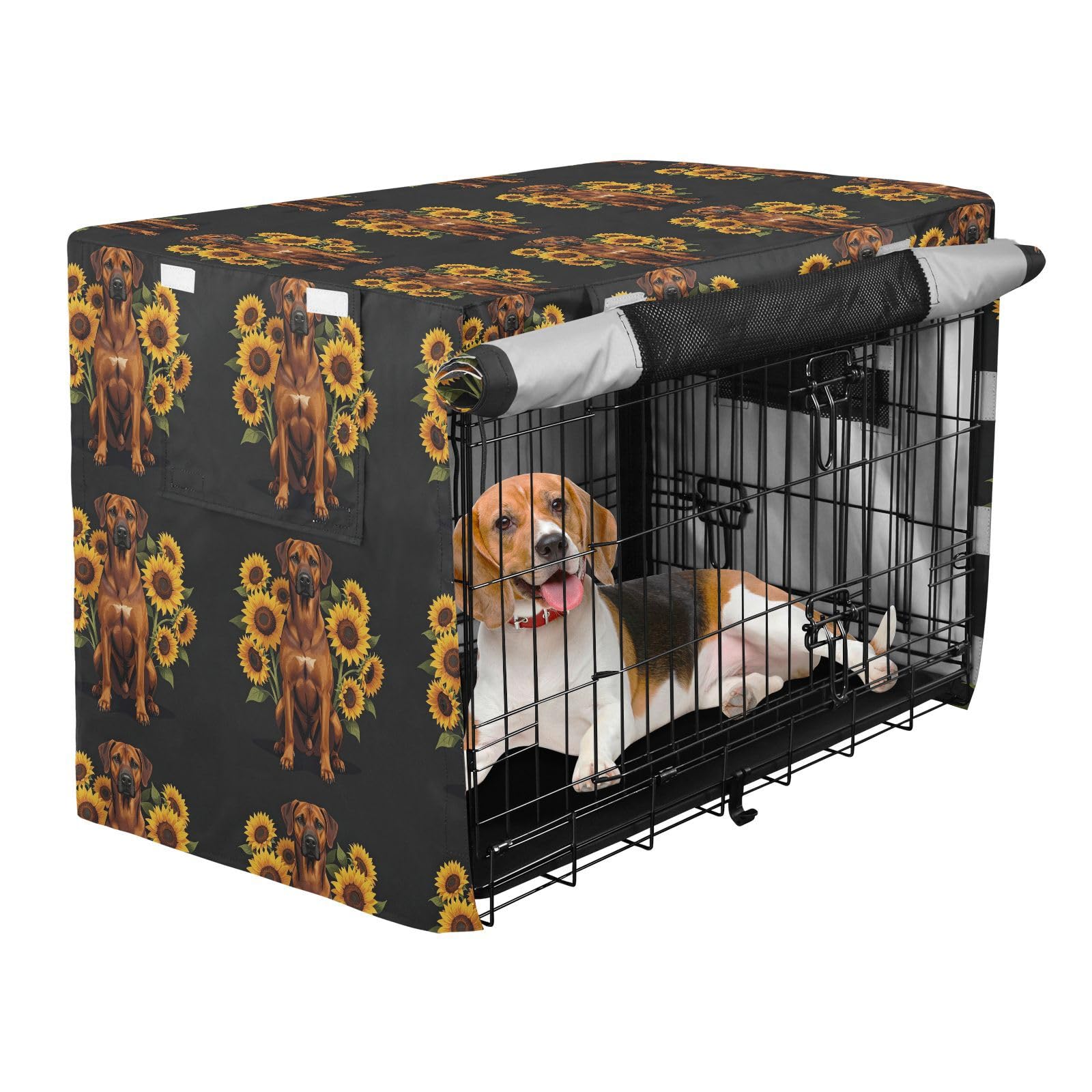 Housse de cage pour grand chien motif tournesol avec panneau en maille pour coffre de voiture