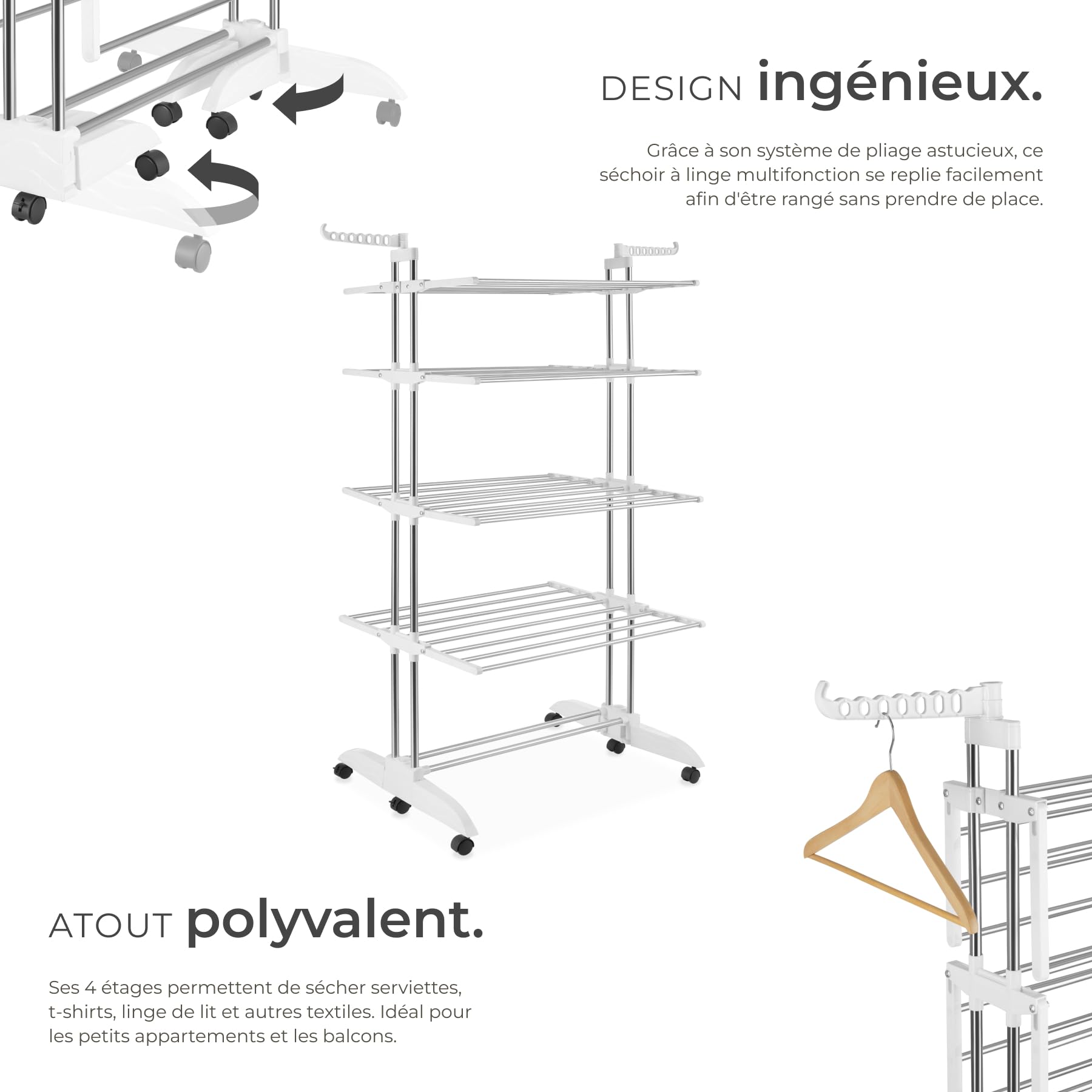 tectake® Séchoir à Linge en Tour Pliable, 125 x 63 x 179 cm, 4 étages et 32 tringles, 6 roulettes Doubles, 2 Ailes latérales pivotantes, Système d'emboîtement, Etendoir Linge Interieur & Extérieur