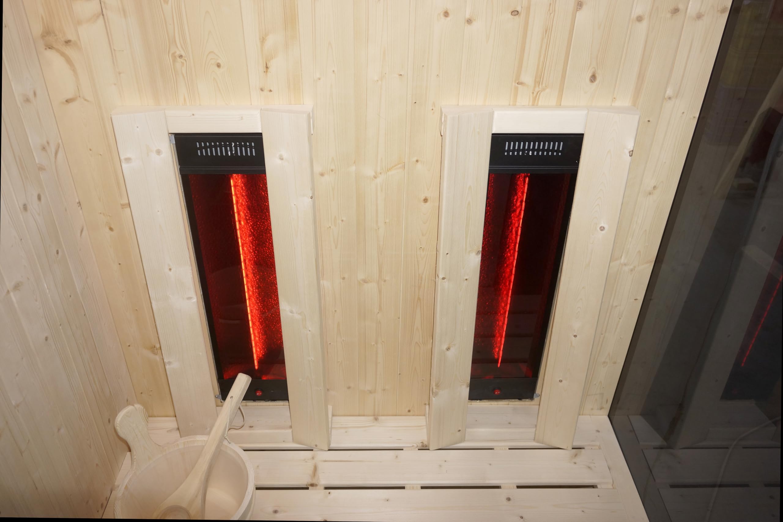 SANOTECHNIK Glacier M - Sauna e cabina a infrarossi per 2 persone, combinazione sauna a infrarossi in legno di abete rosso con forno elettrico da 3,6 kW, 2 faretti a luce rossa da 400 W, vetro di