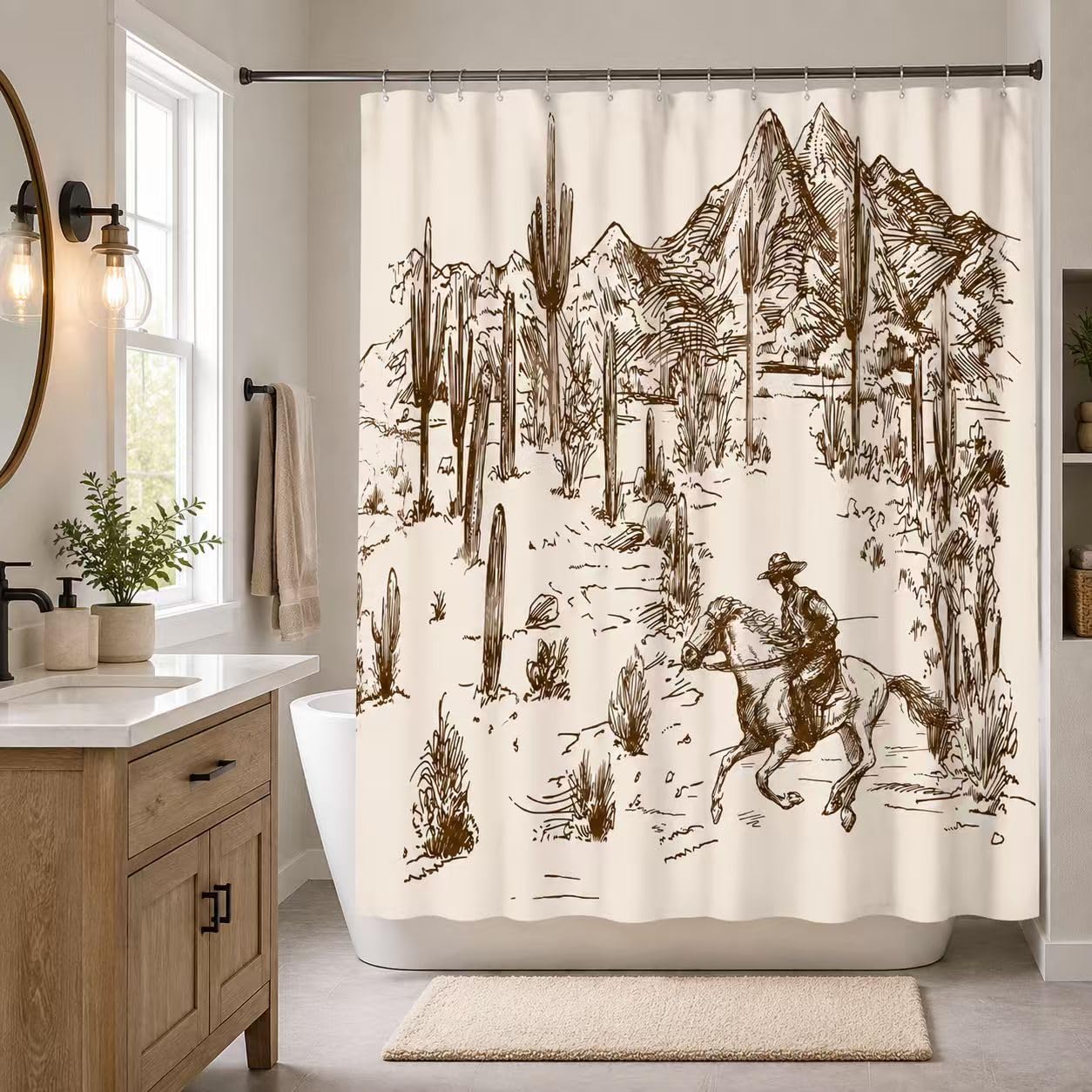 Western Cowboy Shower Curtain, Cactus Shower Curtain, Farmhouse Country Shower Curtain for Bathroom American Wild West Cowboy Riding Horse in Desert, Waterproof Fabric with 12PCS Hooks, 72" W X 72" L