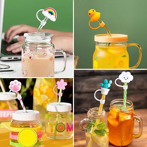 Miniatura 6 de 10 fundas grandes para pajilla, de 0.31 a 0.39 pulgadas (0.315-0.394 in), reutilizables, de silicona, con forma de sandía, oso, pato, flores, tapas