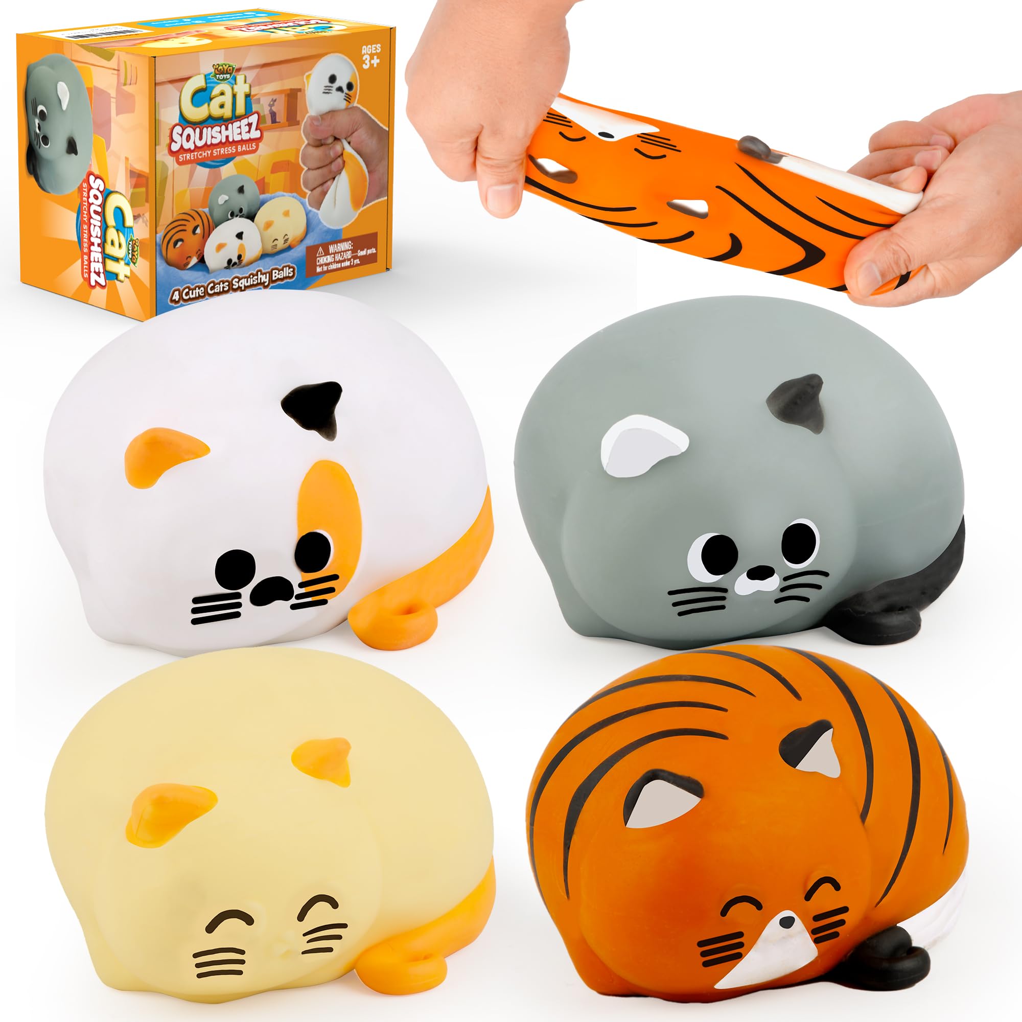 YoYa Toys Squisheez Cat 4Pack - Soft Squishy Kitty Stress Relief Toy Balls - Cute Stretchy Mini Animals - Perfect Toys for Kids, Teens, Adults - Great Christmas Stocking Stuffers Idea