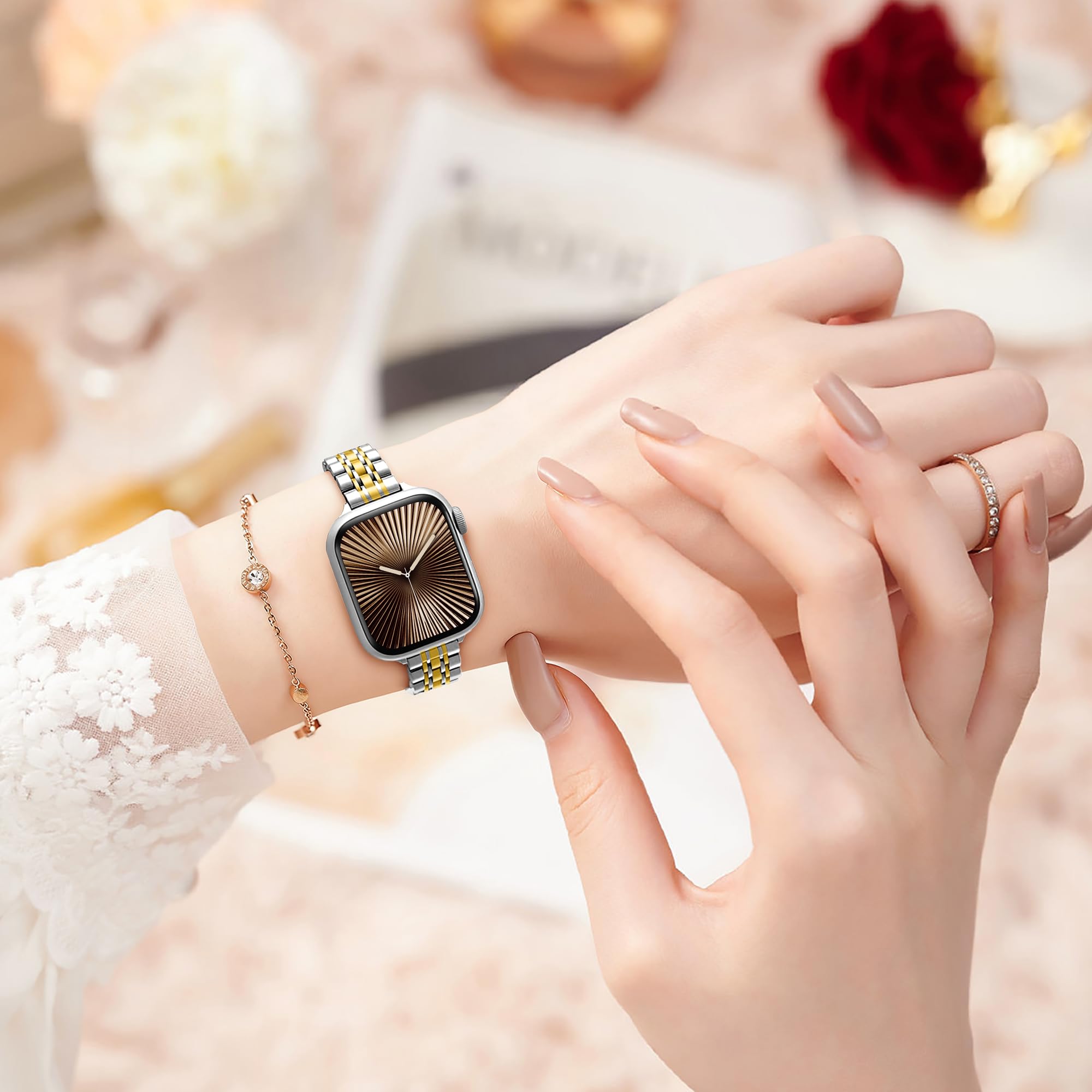 Lerobo Bracelet fin en métal compatible avec les bracelets Apple Watch pour femme 40 mm, 41 mm, 42 mm, 38 mm, 44 mm, 45 mm, 46 mm, 49 mm, bracelet fin et élégant en acier inoxydable pour iWatch Series