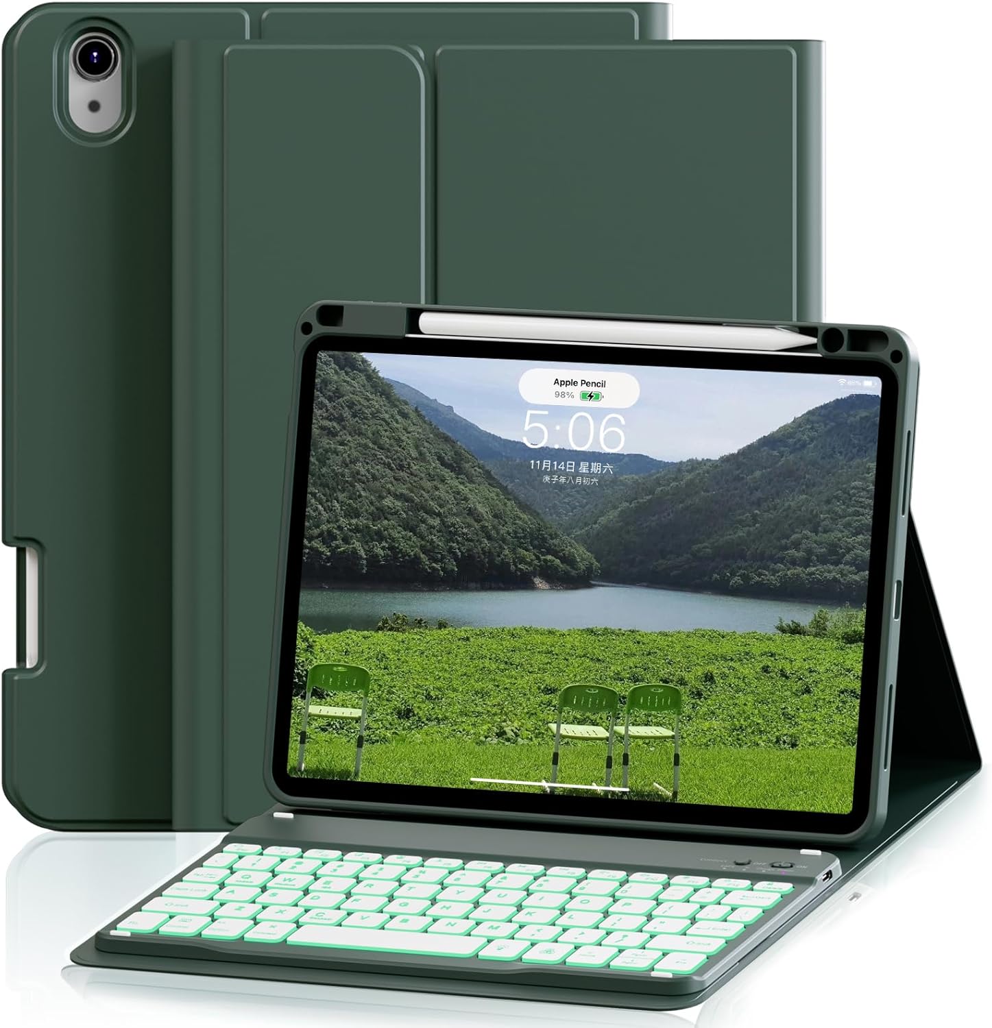 Case with Keyboard for iPad Air 11 inch M3/M2 2025/2024, iPad Air 5th/4th Generation 10.9 inch, 7 Colors Backlit Detachable Bluetooth Keyboard, Stand Folio Cover with Pencil Holder, Dark Green