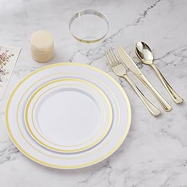 BESTVIP 150PCS Plastic Dinnerware Set (25 Guests), Gold Disposable Plates for Party, Wedding, Christmas, Anniversary, Includes: Dinner Plates, Dessert Plates, Cups, Spoons, Forks and Knives