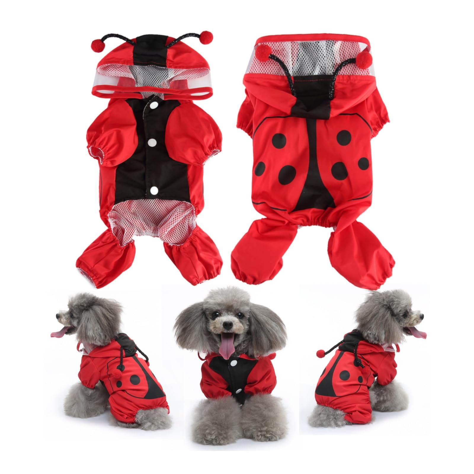 Dog Raincoat with Hood, Waterproof & Windproof Rain Jacket for Small Dogs Boy Girl, Packable, Adjustable, Funny Animal Pattern Raincoats with Legs 1.5kg to 8kg Available (Red,M)