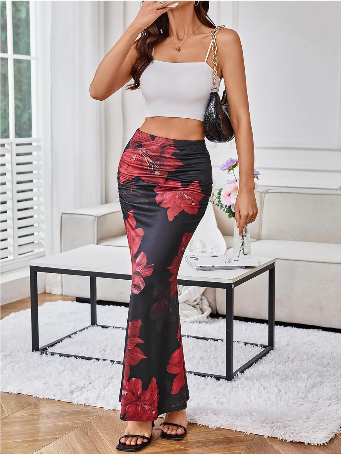 Milumia Women's Floral Long Skirt Tropical Ruched Fishtail Summer Vacation Hawaiian Maxi Skirts - Image 4