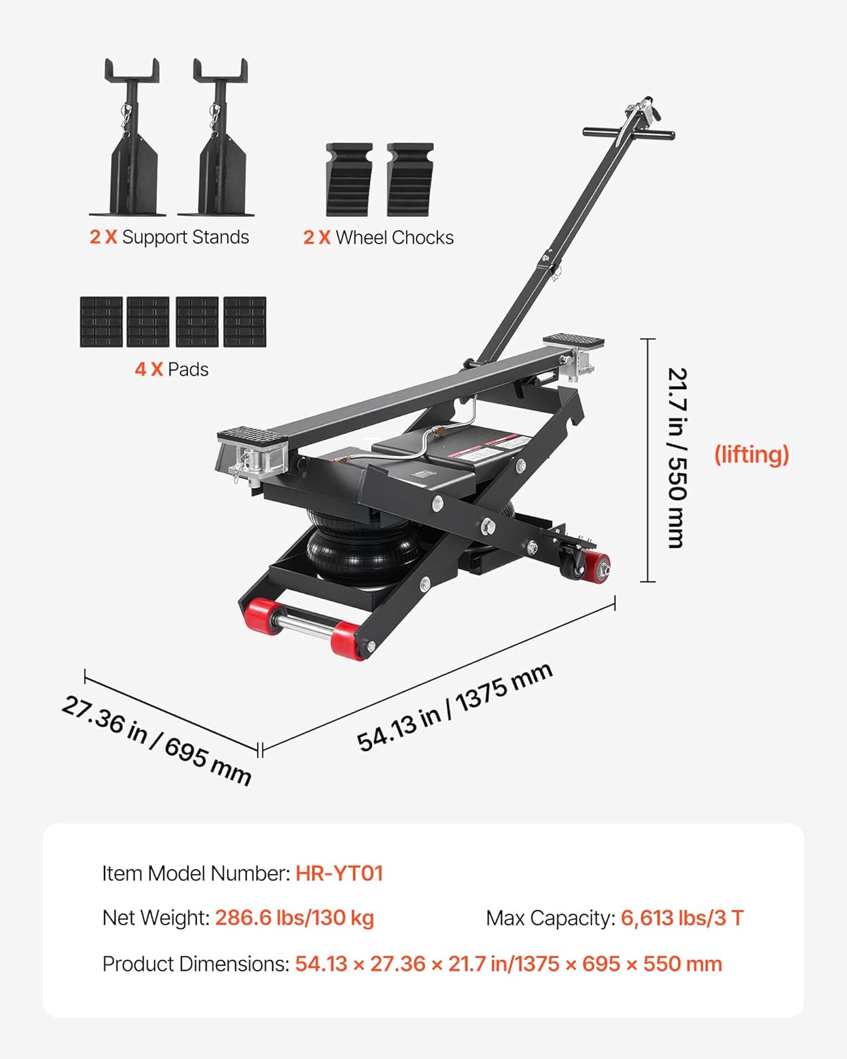 VEVOR Air Portable Car Lift, 6613 lbs/3 Ton Capacity, 21.7 inch Max Height, Adjustable Portable Air Car Lift with Airbag, Support Stands, Wheel Chocks, Rubber Pads, Heavy-Duty for Sedan SUV Pickup