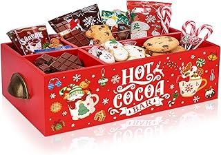 Christmas Hot Cocoa Bar Wood Station Organizer Countertop with 4 Compartment Cocoa Decorative Storage Bins Vintage Open Holder Box for Xmas Holiday Gift Party Home Supplies