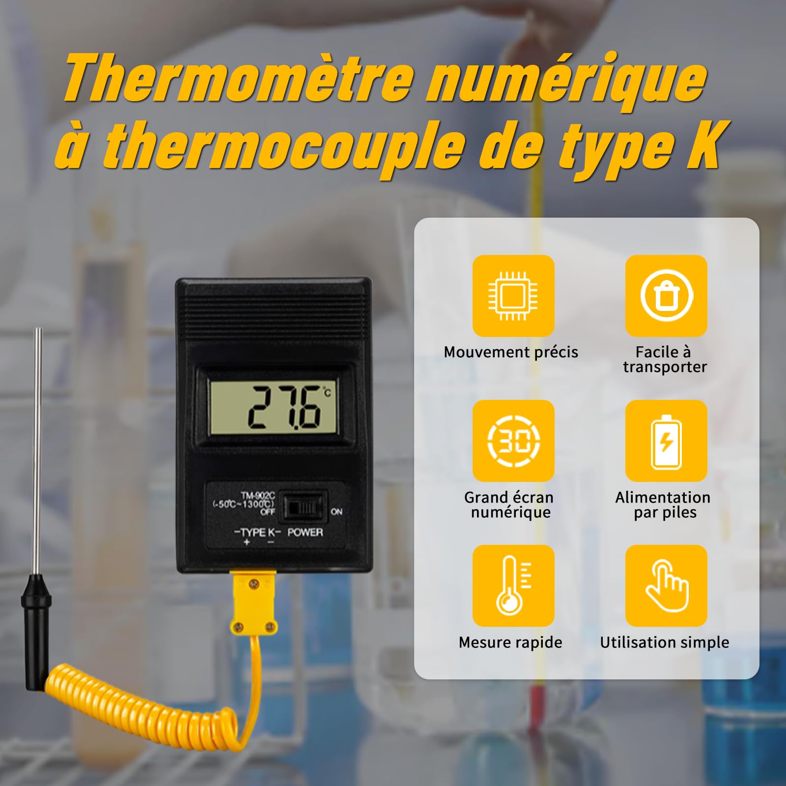 Type K Thermocouple Thermomètre, -50~1300℃ Thermomètre numérique Testeur de Température à Thermocouple Type K, Type De Contact Thermomètres Avec 2 Thermocouples pour Gaz, Liquides