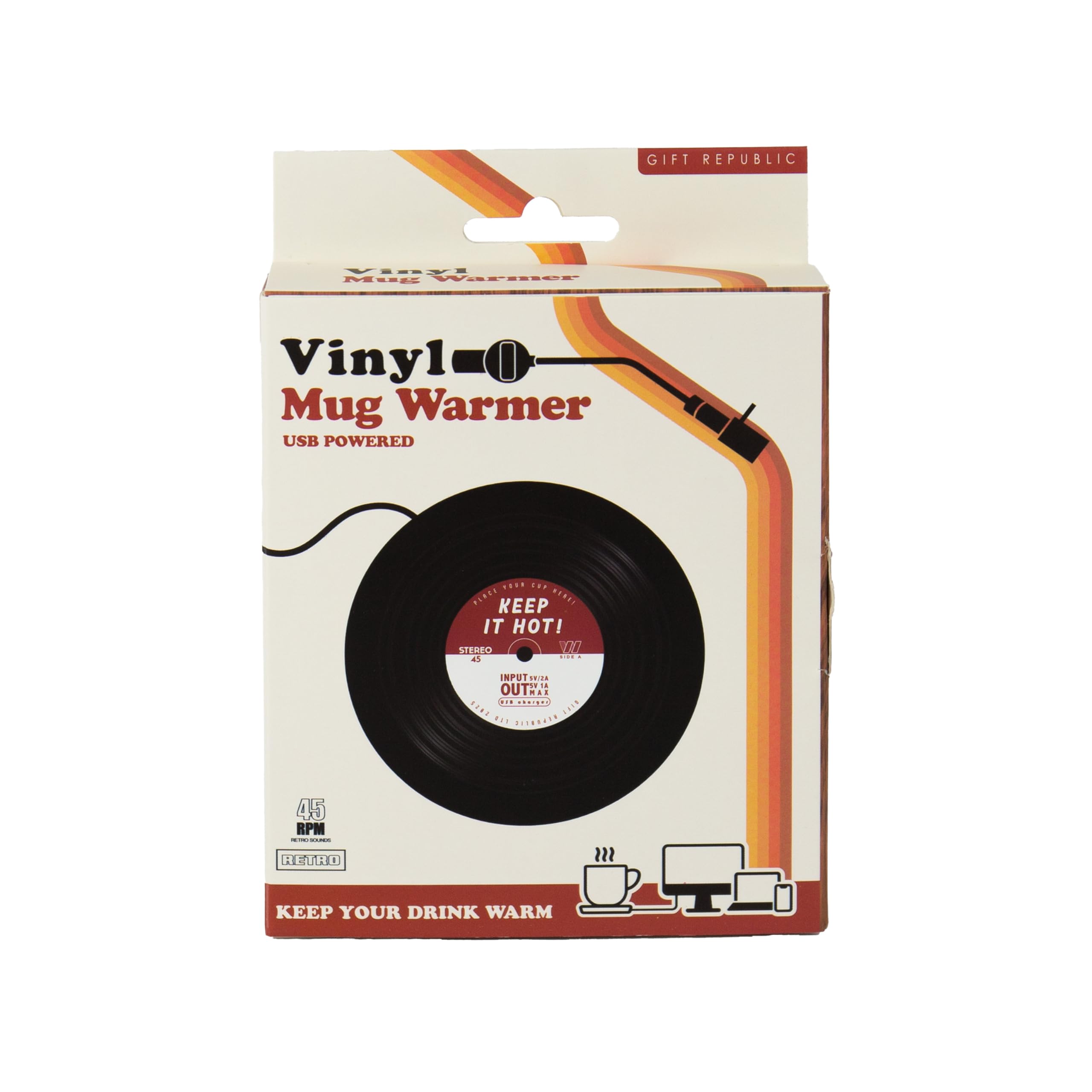 Gift Republic Chauffe-Tasse USB – Design rétro en Vinyle – Garde Le café et Le thé au Chaud à Votre Bureau – Chauffe-Boisson Chaude alimenté par USB – Cadeau Amusant pour Les Amateurs de Musique et