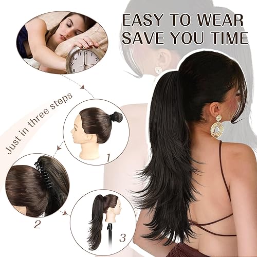 Miniatura 5 de Lommel Extensión de cola de caballo con clip, color marrón oscuro, extensiones de cabello largo y rizado, extensiones de cabello sintético de 22