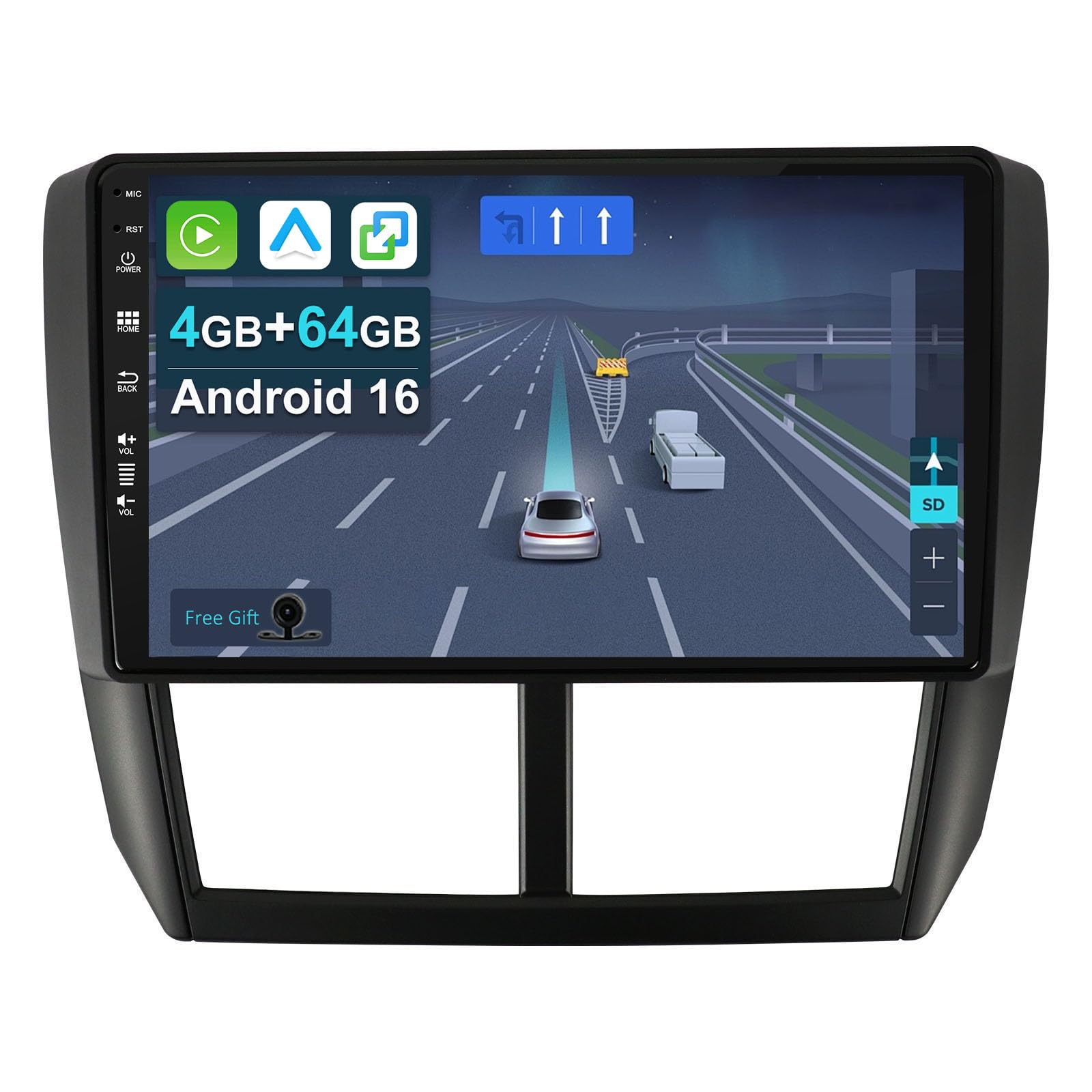 KEC 9” [4+64G] Android 16 2 Din Autoradio per Subaru Forester/Impreza 2007-2012-avec sans Fil CarPlay | Android Auto | Mirror Link | GPS Navi | Bluetooth 5.0 | WiFi | 4G | SWC + caméra Incluse