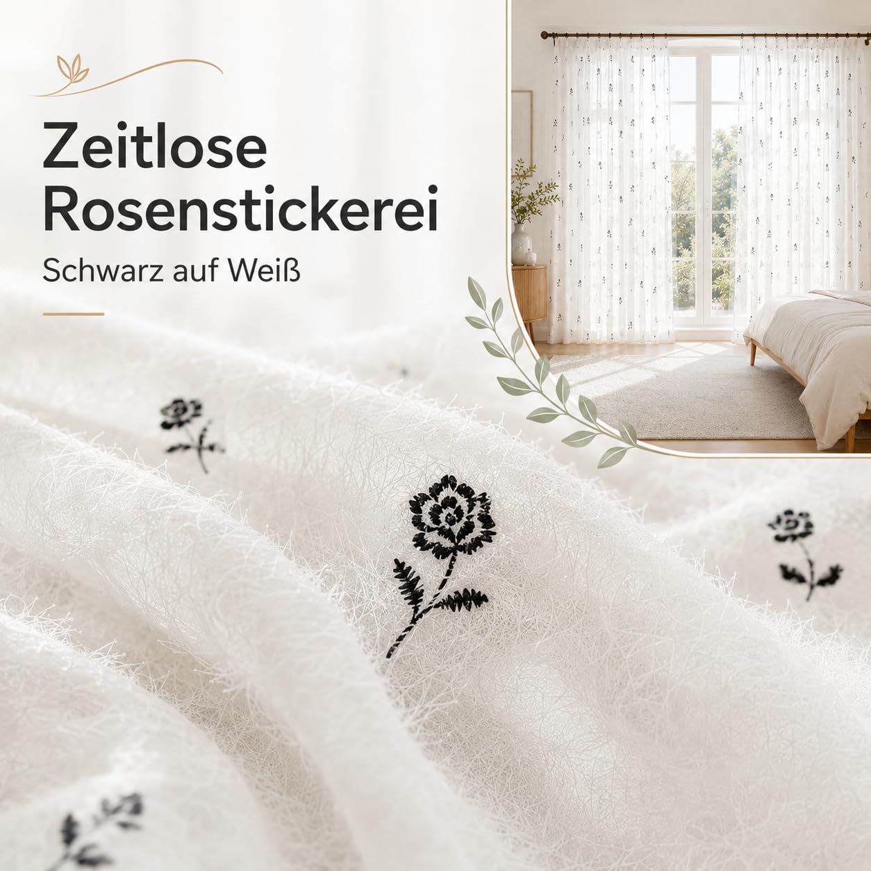 Voile Vorhänge mit Kräuselband Halbtransparent 2er Set, Rosenstickerei Weiß