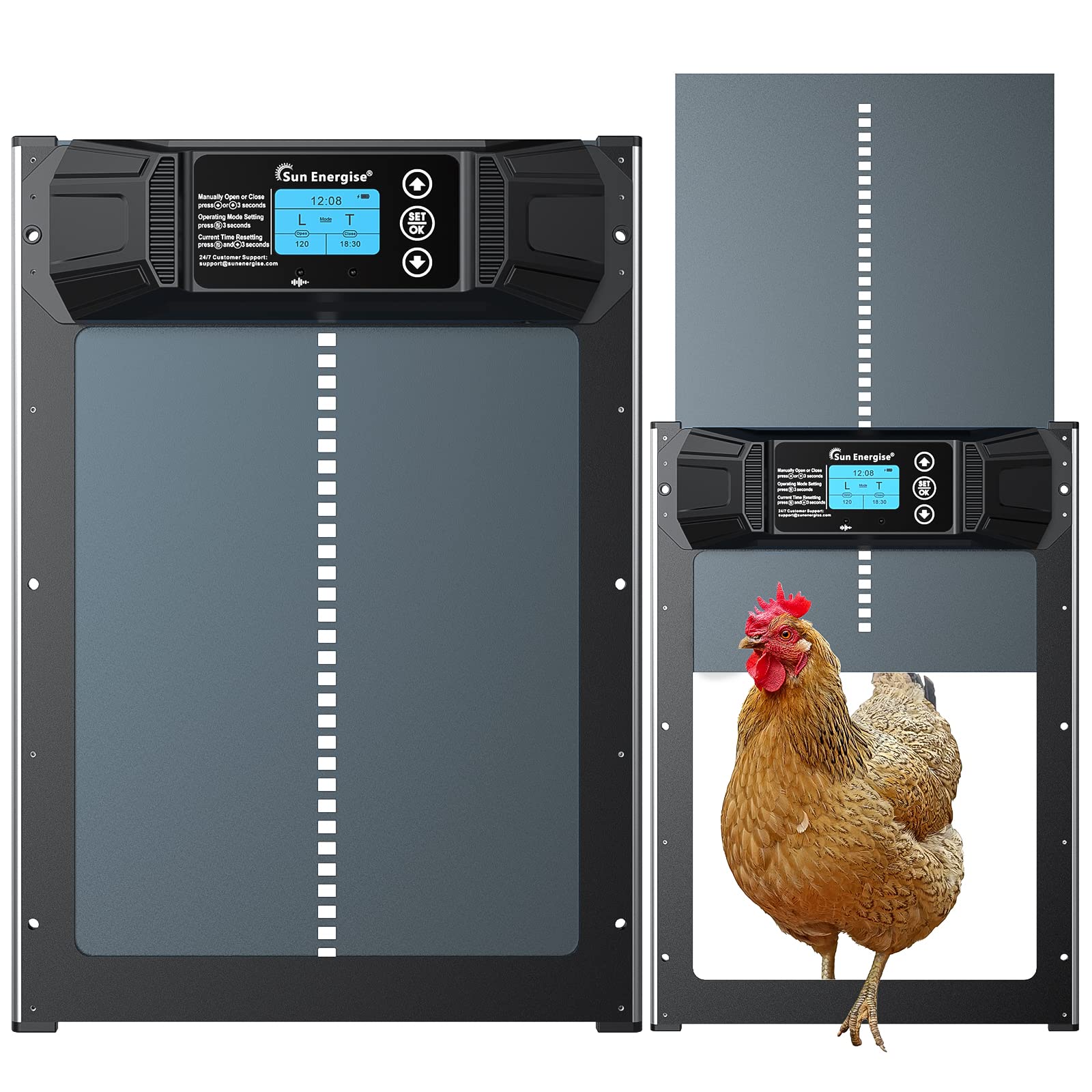 Sun Energise Automatic Chicken Coop Door Opener with Timer & Light Sensor, Auto Chicken Coop Door with Large LCD Display, Anti-Pinch Design for Chicken House Farms