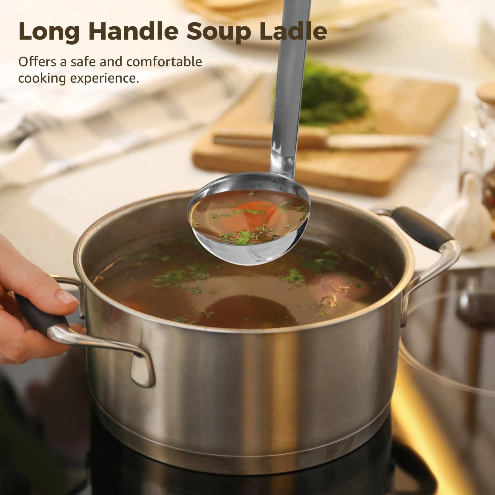 8 Stk. Suppenkellen, 2 oz Edelstahl Schöpflöffel mit langen Griffen, stabile Kellen mit Haken zum Servieren von Suppe, genaue Portionierung, rutschfestes Design für Küche, Hotel und Catering
