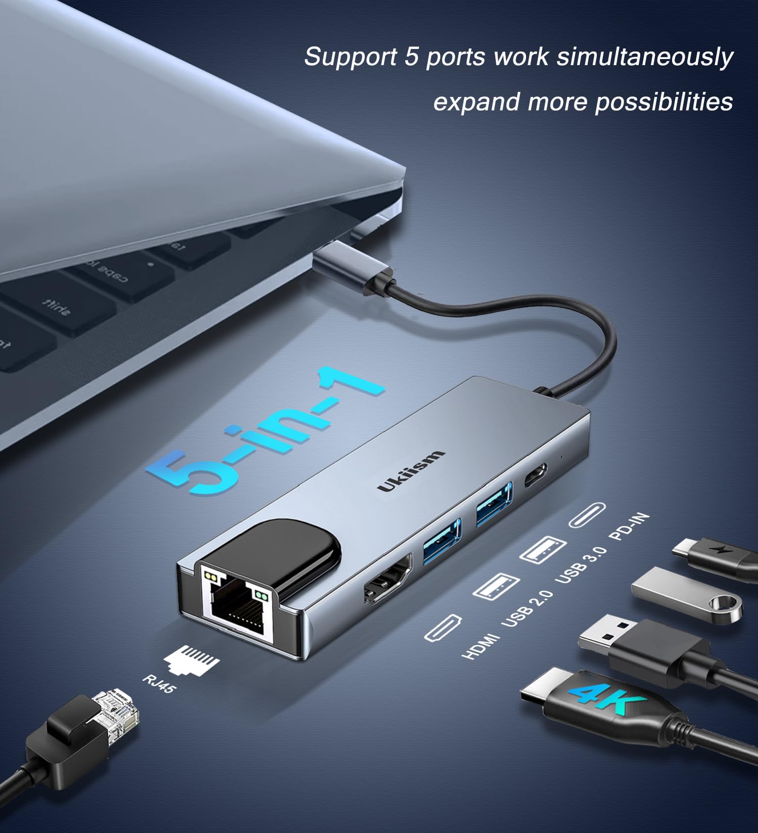 USB C Hub Ethernet HDMI Adapter,5 in 1 Docking Station with 4K HDMI, RJ45 Ethernet, USB 3.0/2.0, PD 100W, USB C, LAN Dongle for MacBook Pro/Air, iPad Pro, XPS, etc