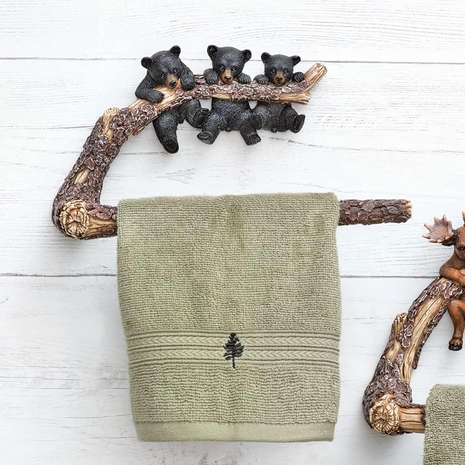 BLACK FOREST DECOR Bear Branch Towel Hook – Wood-Finish Polyresin Bath Hook with Trio of Bears, 11.2" W x 4" D x 6.5" H