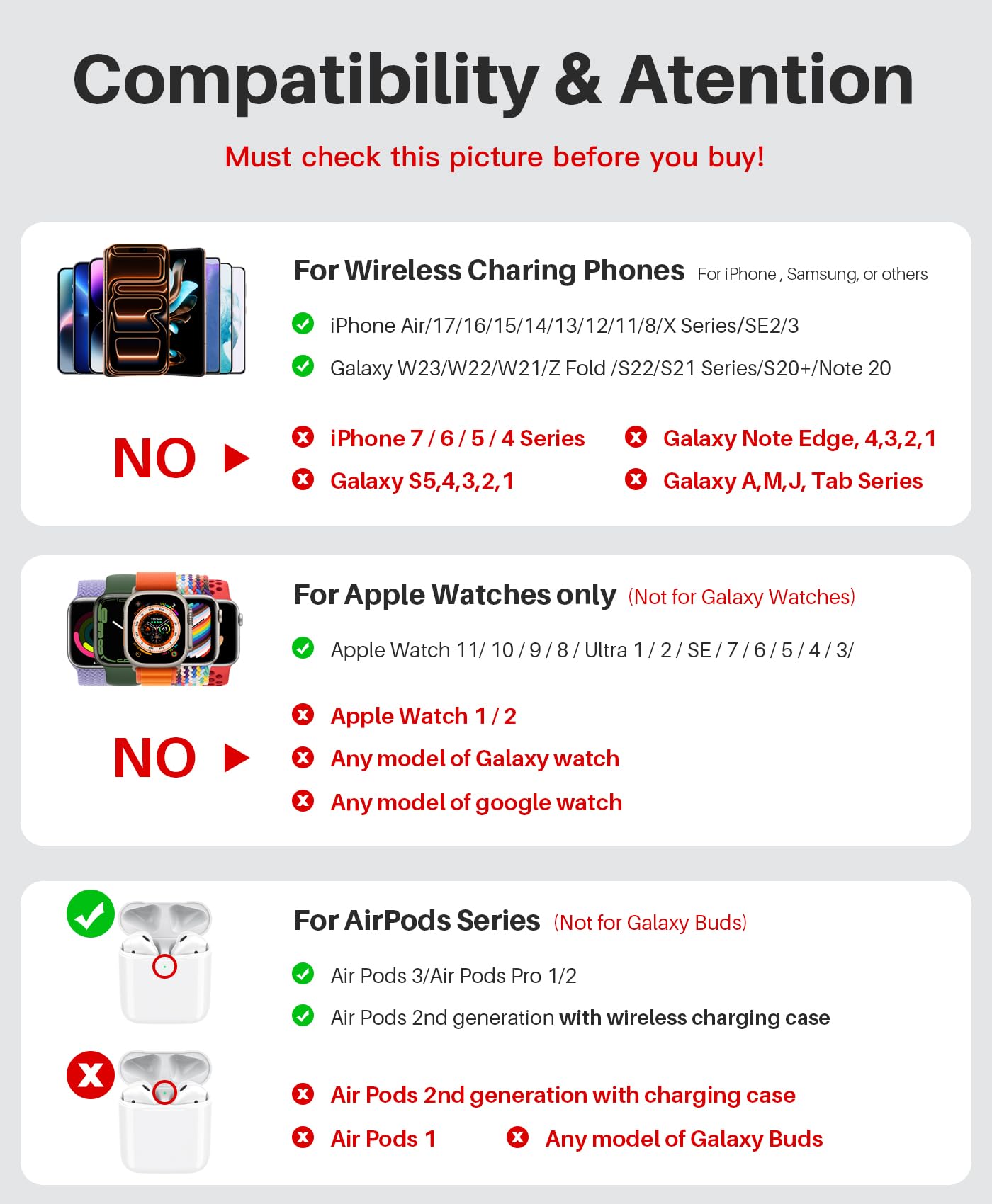 Caricatore wireless 3 in 1, Supporto di Ricarica per iPhone 17 16 Pro Max/17 Air/16e/15 14 13 12 11 Serie/XS/8, Stazione di Ricarica Wireless per Apple Watch Ultra 11 10 9 8 7 6 SE 5 4, Air Pods Pro 3