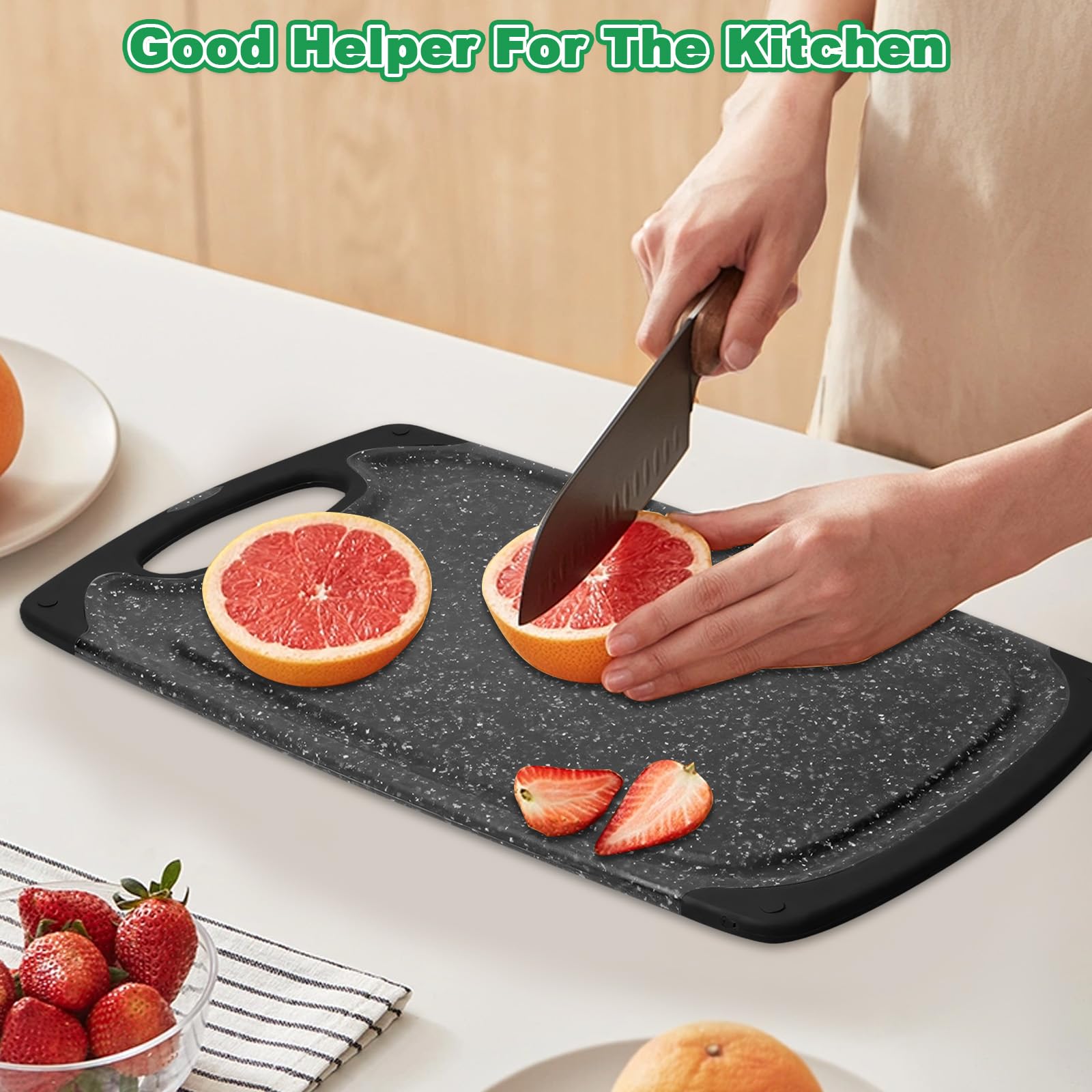 3 Piezas Tabla Cortar con Ranura Jugos, Tablas Corte para Lavavajillas, Tabla Cortar Antideslizante Plástico, Cutting Board Fáciles Limpiar, Accesorios Cocina para Verduras, Carne, Frutas (Negro)