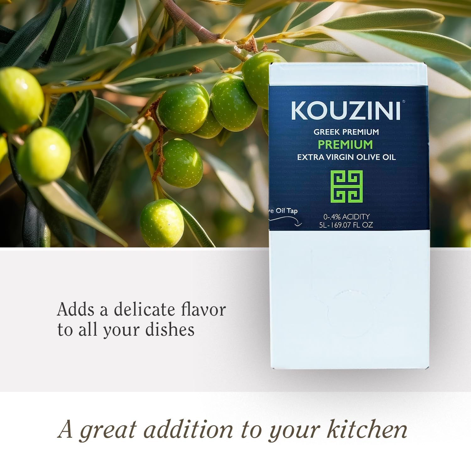 Kouzini Extra Virgin Olive Oil, 5 Liters Bag in Box Premium Greek Olive Oil in Convenient Pour Spout Bag, Ideal for Cooking, Salad Dressings, and Dipping, Cold Pressed from Lakonian Olives