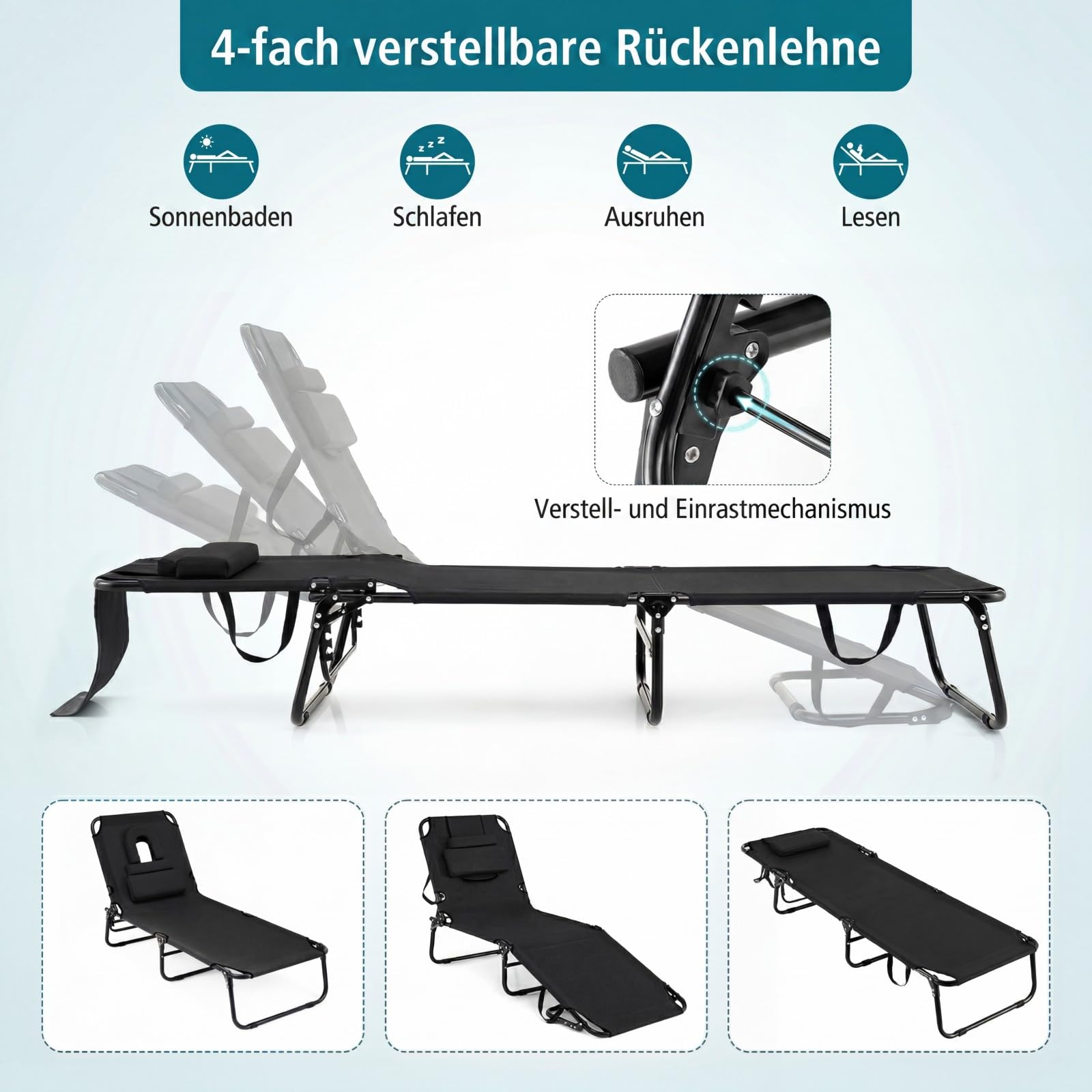 COSTWAY Sonnenliege mit Gesichtsöffnung, klappbare Gartenliege mit 3 abnehmbaren Kissen und 5-Fach Verstellbarer Rückenlehne, Strandliege Liegestuhl für Garten und Poolbereich (Schwarz)