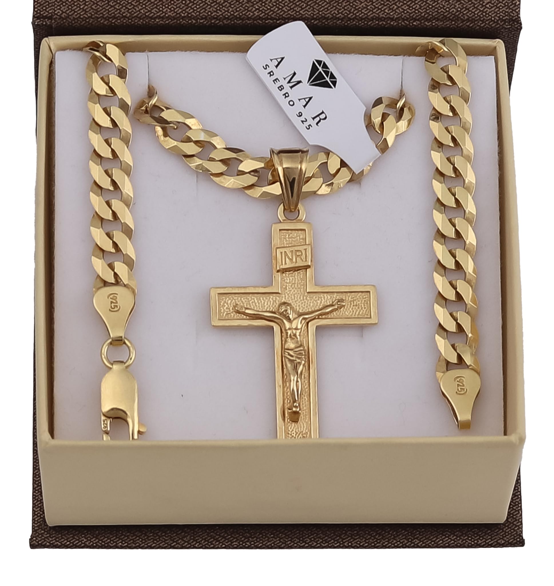 Amor Luxury Collana Oro Uomo a Croce 585, Catena a Croce Massiccia 585 - Collana Uomo Spessa 6,5 mm, 50 cm, Argento Sterling 925