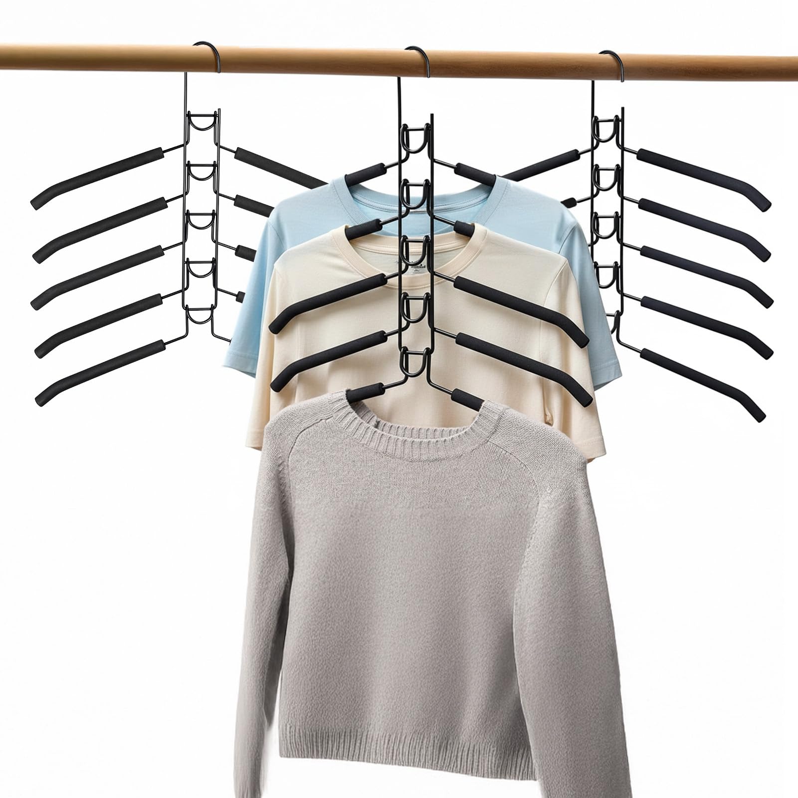Evergoods Men's Black 3-Pack Space-Saving Clothes Hangers – 5-In-1 Hangers For Closet Organization, Holds Up To 5 Shirts