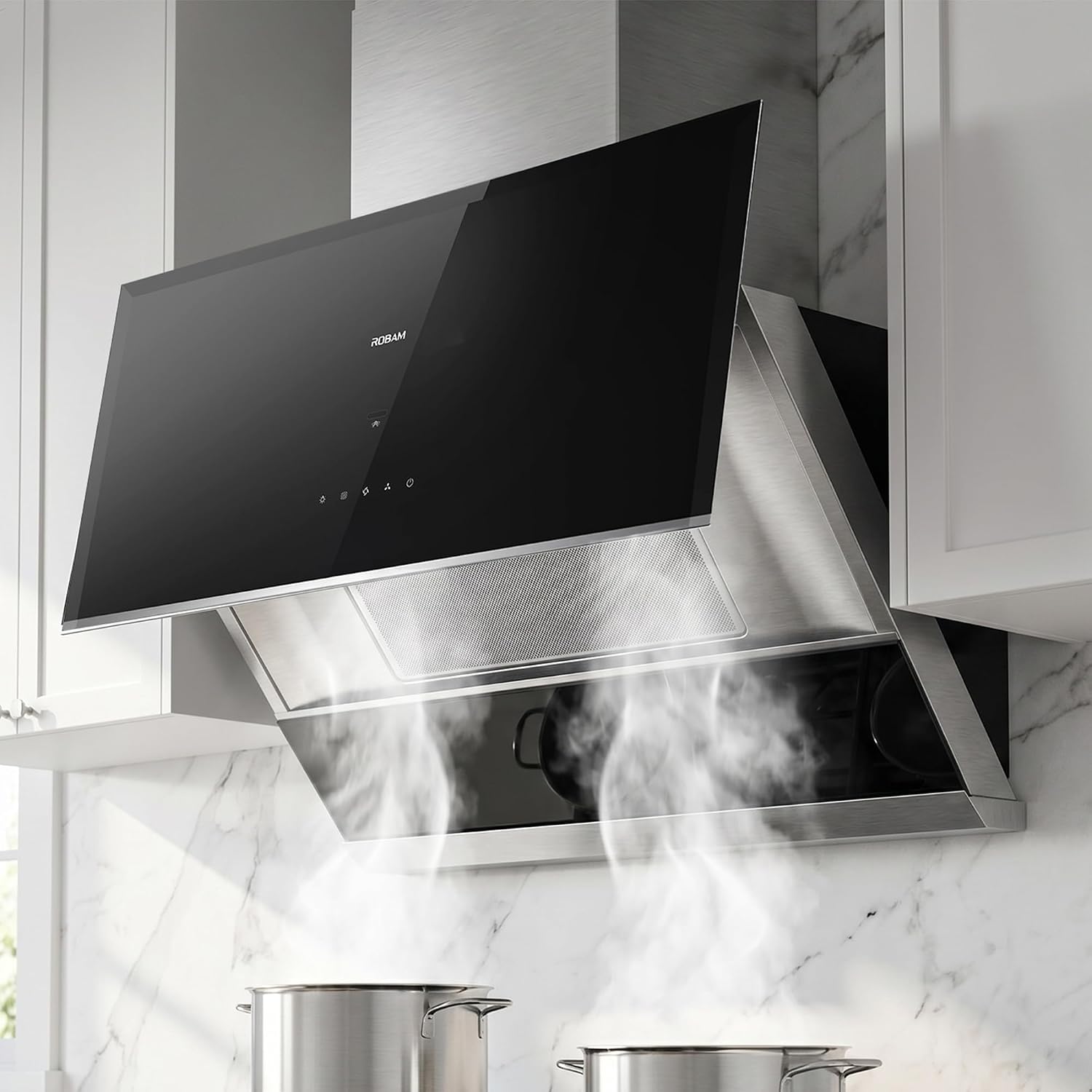 ROBAM 30 Inch Range Hood, 1200 CFM Vent Exhaust Fan, Quiet Brushless Motor, Gesture & Touch Control, Wash-Free Filter, LED Lights, Ducted Wall Mount/Under Cabinet, Easy-Clean Kitchen Vent Hood 53H1S