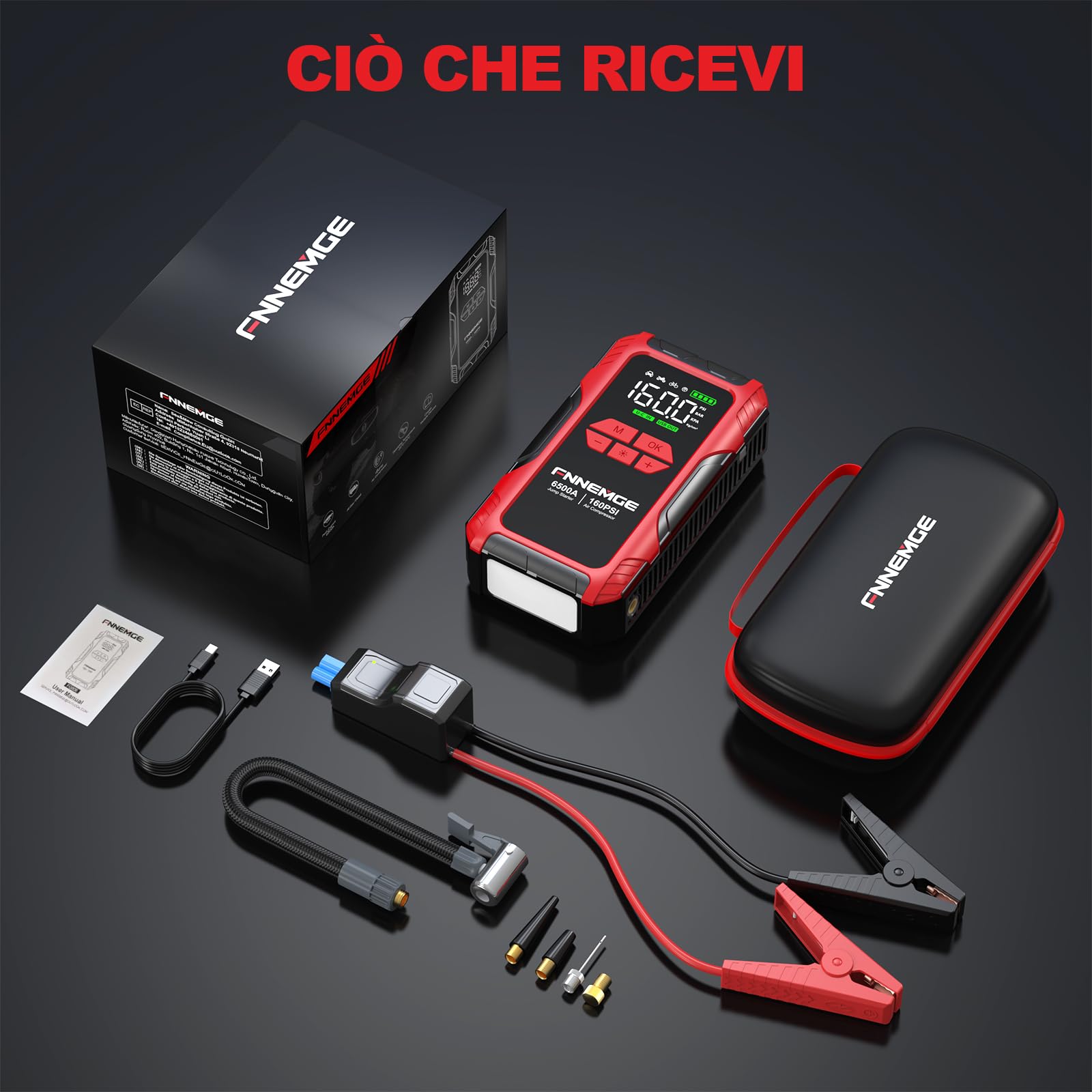 FNNEMGE Avviatore Batteria Auto, 6500A & 26800mAh &160PSI Avviatore Emergenza per Auto con Compressore Aria Portatile (All Gas or 10.0L Diesel) 12V Jump Start,di Uscita USB,2 Luci/HD LCD Display.