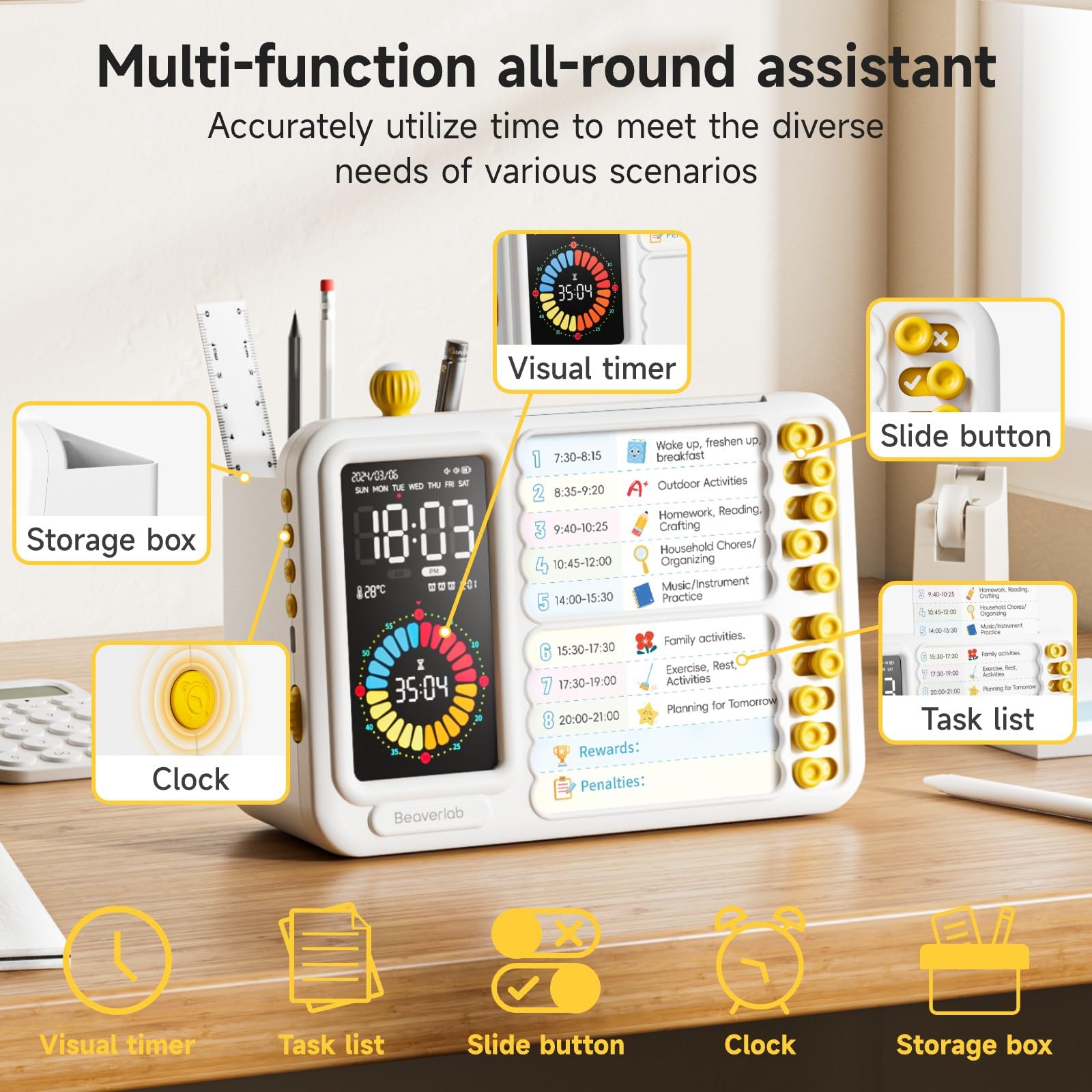 BEAVERLAB Calendrier hebdomadaire pour enfants, minuterie visuelle et réveil, liste de contrôle du TDAH pour activités et cuisine