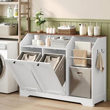 43.3" Laundry Hamper Cabinet, Double Tilt-Out Laundry Hamper with 4 Hooks and 3 Towel Racks, 2 x 8.7 Gal Hidden Laundry Baskets, Trash Can Cabinet for Bathroom, Kitchen, White and Walnut
