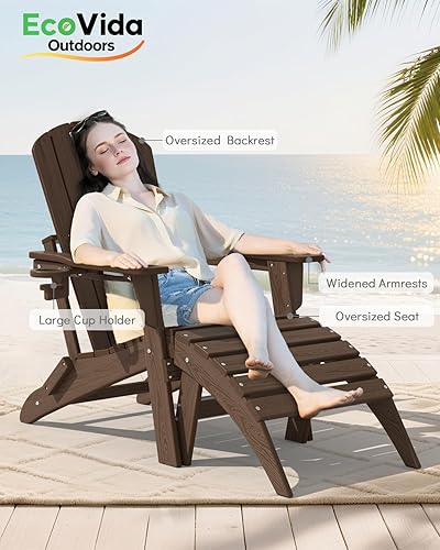 Miniatura 4 de EcoVida, silla plegable mejorada con portavasos para todo tipo de clima, textura de grano de madera premium, resistente al agua de HDPE, adecuada