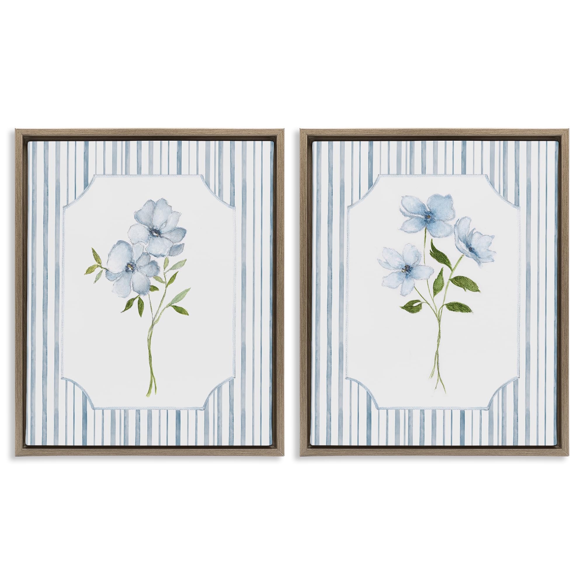 Stupell Industries Blue Blooms Stripes Blue Blooms And Stripes Floral, 24 X 30 Inch Canvas In Floater Frame Set
