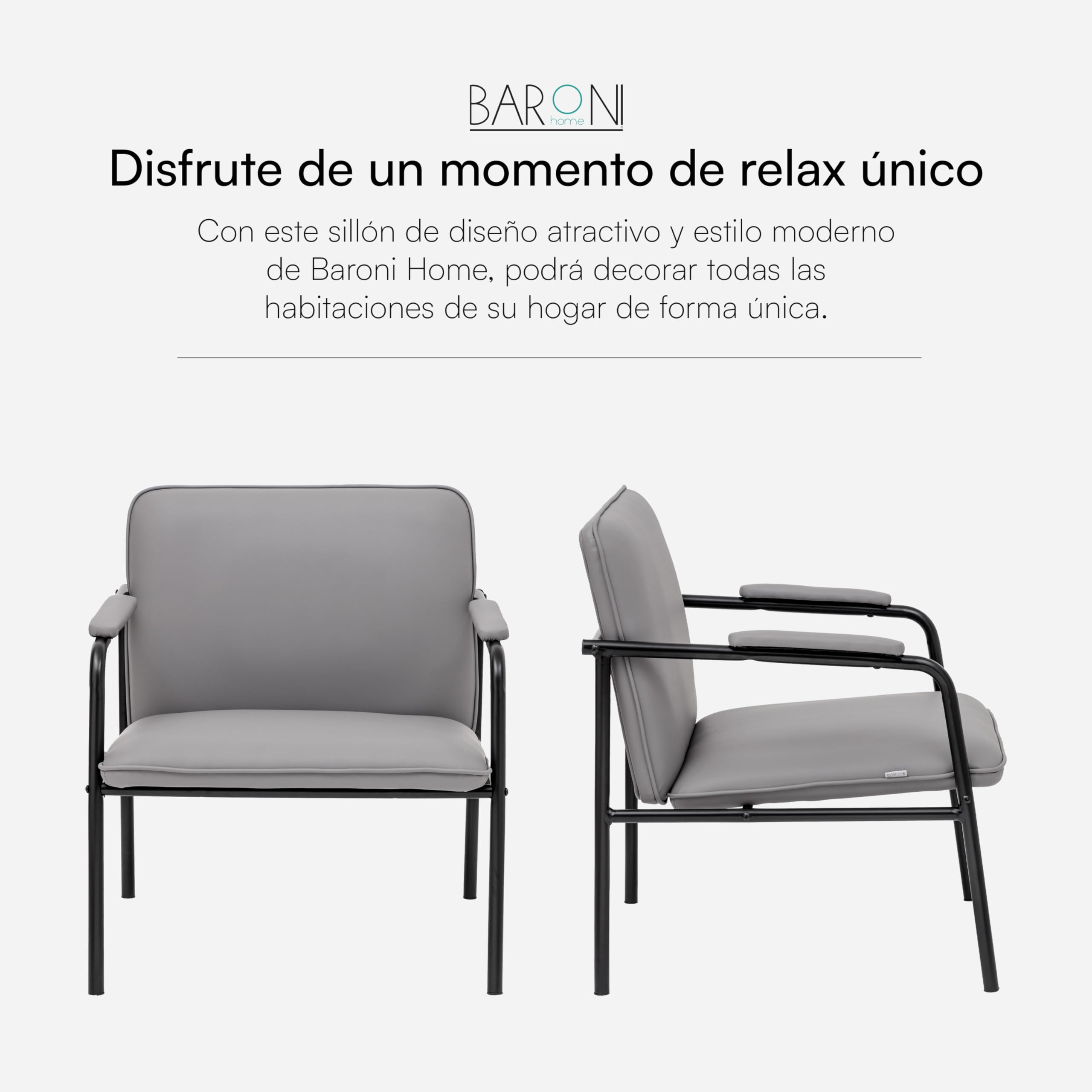 Baroni Home Sillón de Piel Sintética con Estructura de Hierro Diseño Vintage, Asiento Relax para Salón, Dormitorio, Oficina, 78x59x64 cm (Gris)