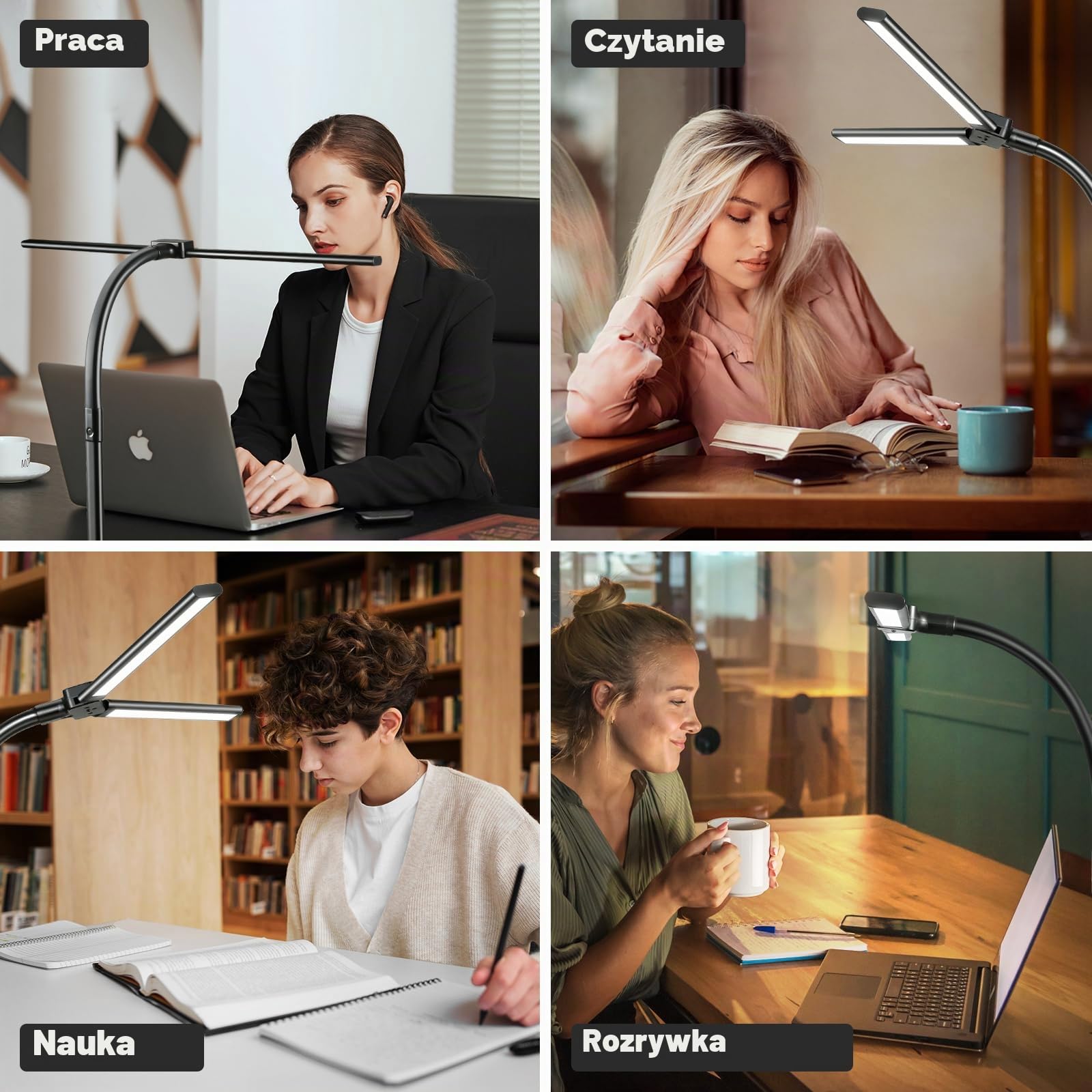 Euakee Lampa biurkowa LED z podwójnym głowicem, 80 cm, 24 W, możliwość ściemniania, lampa zaciskowa do home office, lampa chroniąca oczy, światło dzienne z pilotem, 10 kolorów, 10 poziomów jasności