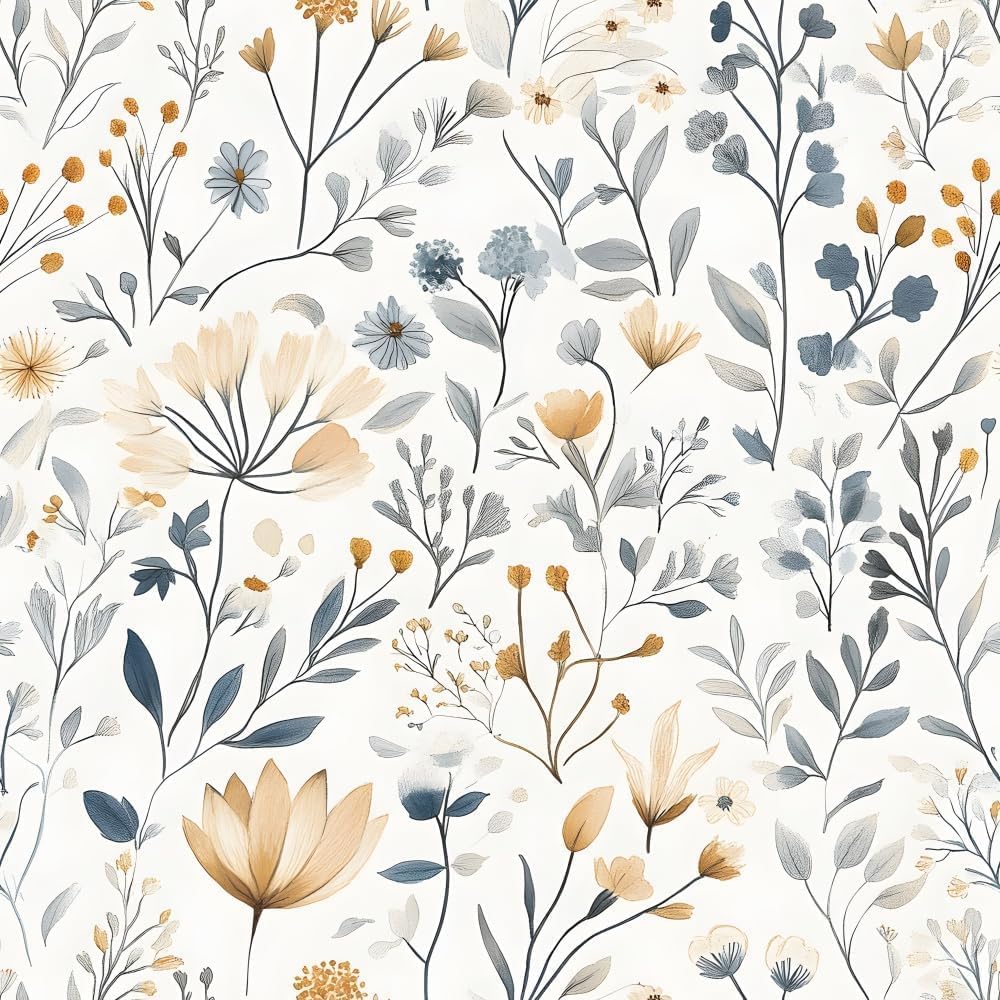 Blue Grey Minimalist Floral Wallpaper 17.71"x236.2" Peel and Stick Wall Paper Vinyl Waterproof Vinyl Matte Wallpaper Orange Flower Removable Self-Adhesive Contact Paper for Bedrooms, Kitchens