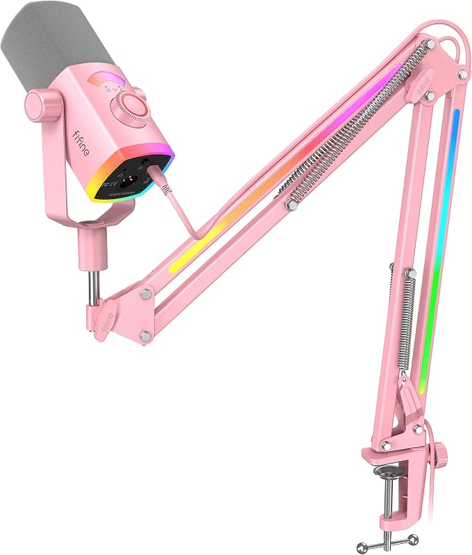 FIFINE AM8PROTP XLR/USB Gaming Microphone Kit, Dynamic RGB Streaming Mic | Podcast Mic Set with Boom Arm Stand, Compatible with PC/PS4/PS5/Mixer, with Headphone Jack, Volume Knob, Mute, Pink