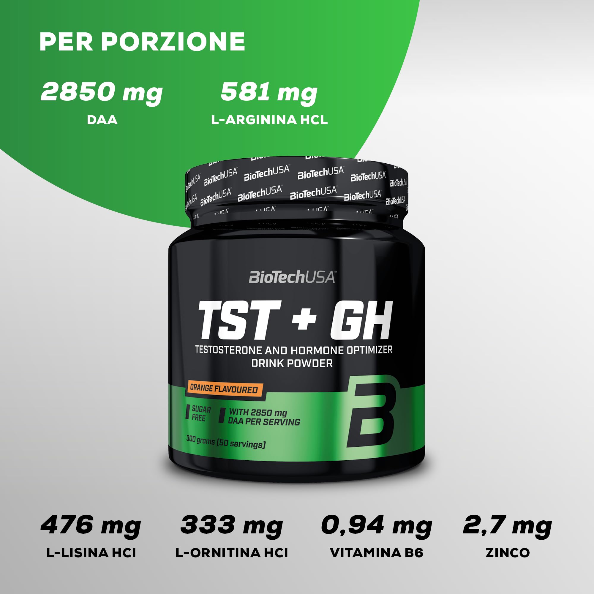BioTechUSA TST + GH | Bevanda in polvere per il potenziamento del testosterone e degli ormoni | 2.850 mg DAA | Aminoacidi, vitamine, minerali | Senza zucchero, lattosio e glutine | 300 g | Arancione